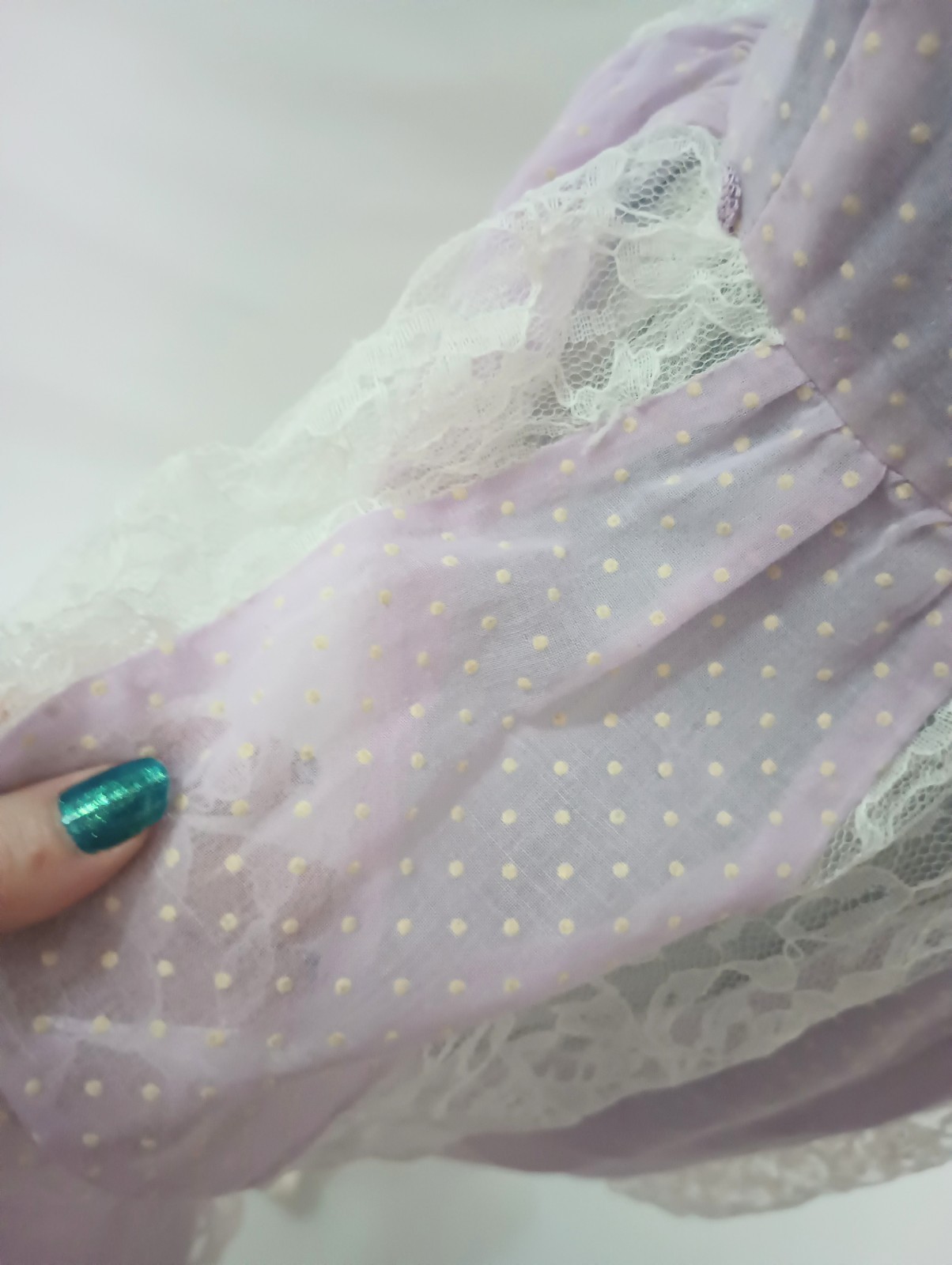 Soft Purple Lilac Cottagecore Polka Dot And Lace Vintage 1970s Dress Small XS