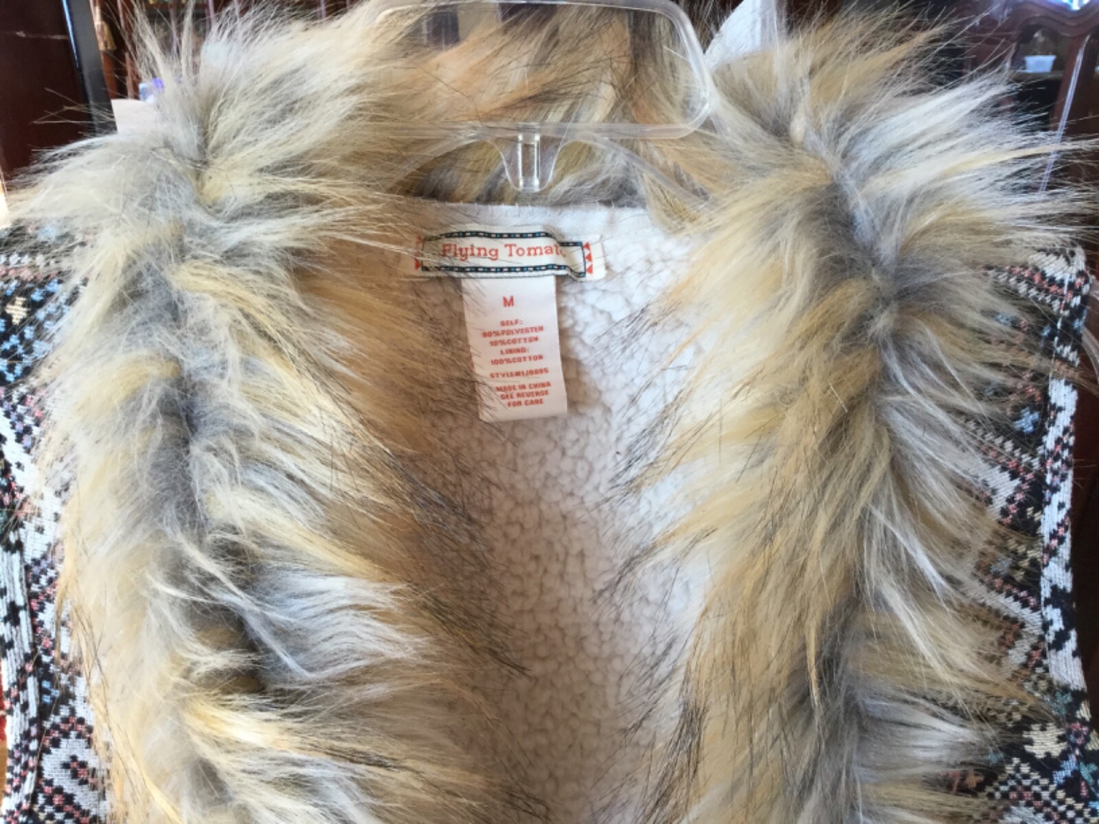 FLYING TOMATO Needlepoint Tapestry Vest Faux Fur Shearling Trim~BOHO~Cowgirl M
