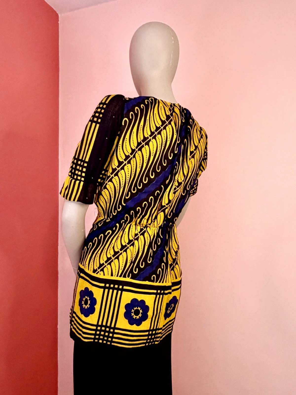 VTG 60s 70s Mod Tunic Top Blue Yellow Floral Graphic Print Flower gogo hippie L