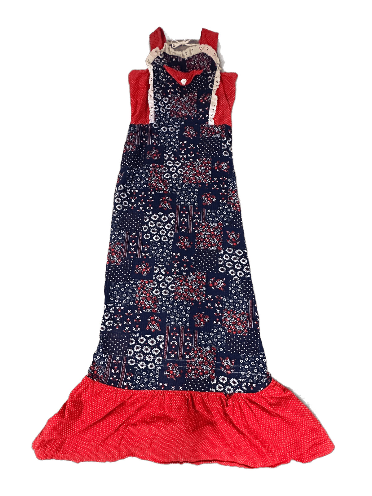 Vintage 70s Womens Prairie Maxi Dress Red White Blue Patchwork Cottagecore Boho