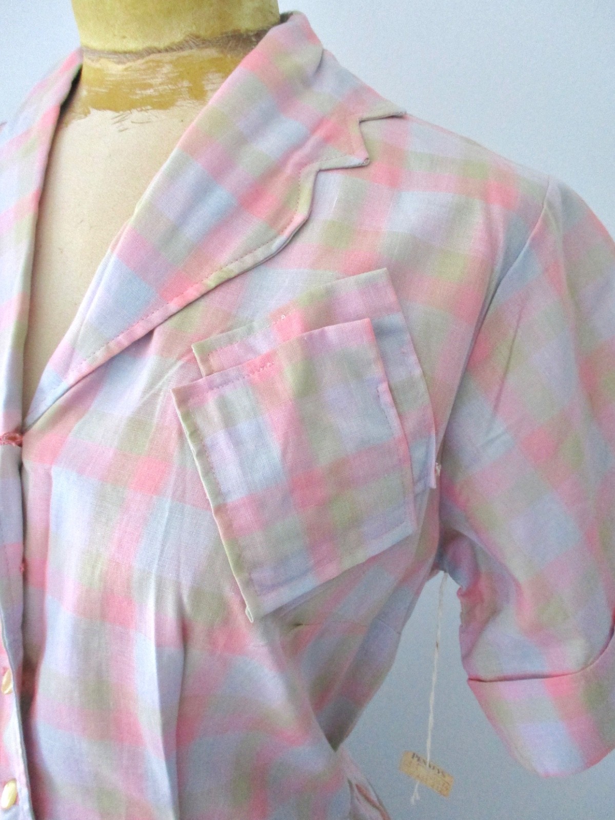 NOS w/Tag Vtg 50s Rockabilly Pink Shadow Plaid Shirtwaist Dress Sawtooth Trim 16