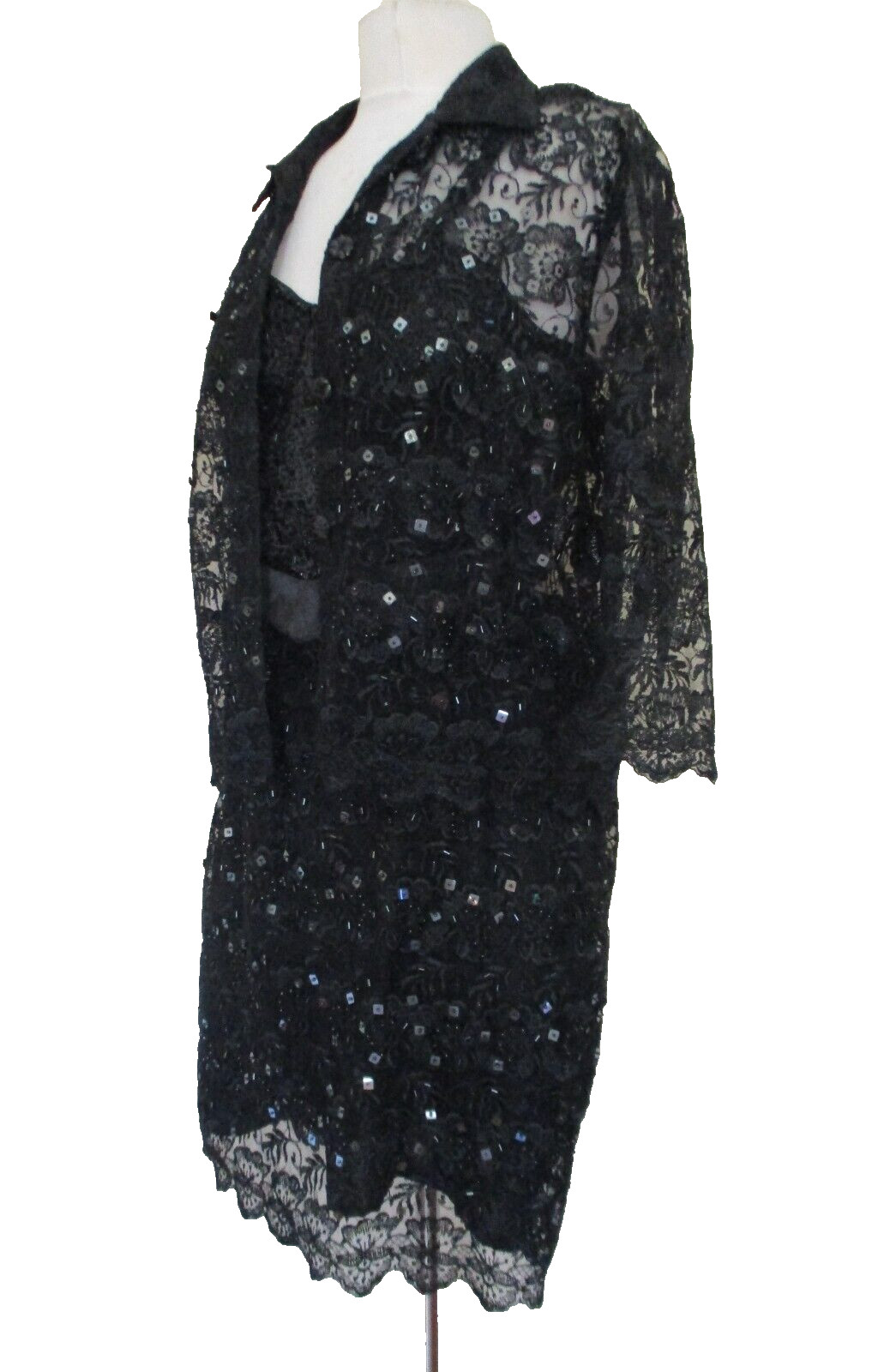 Vintage Surya 3 pc Skirt Outfit Set S/M Women Black Sequin Lace Bustier Top