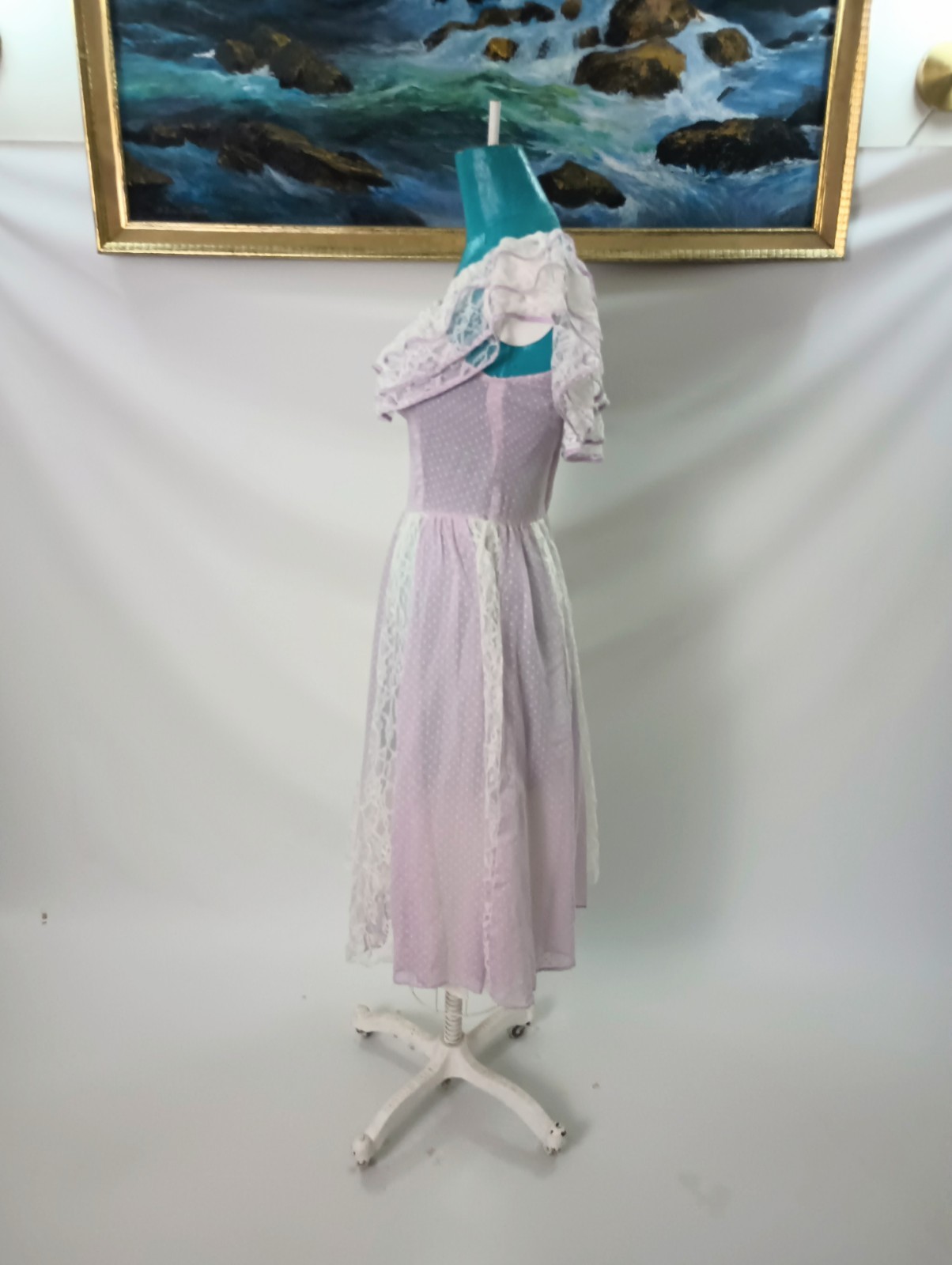 Soft Purple Lilac Cottagecore Polka Dot And Lace Vintage 1970s Dress Small XS
