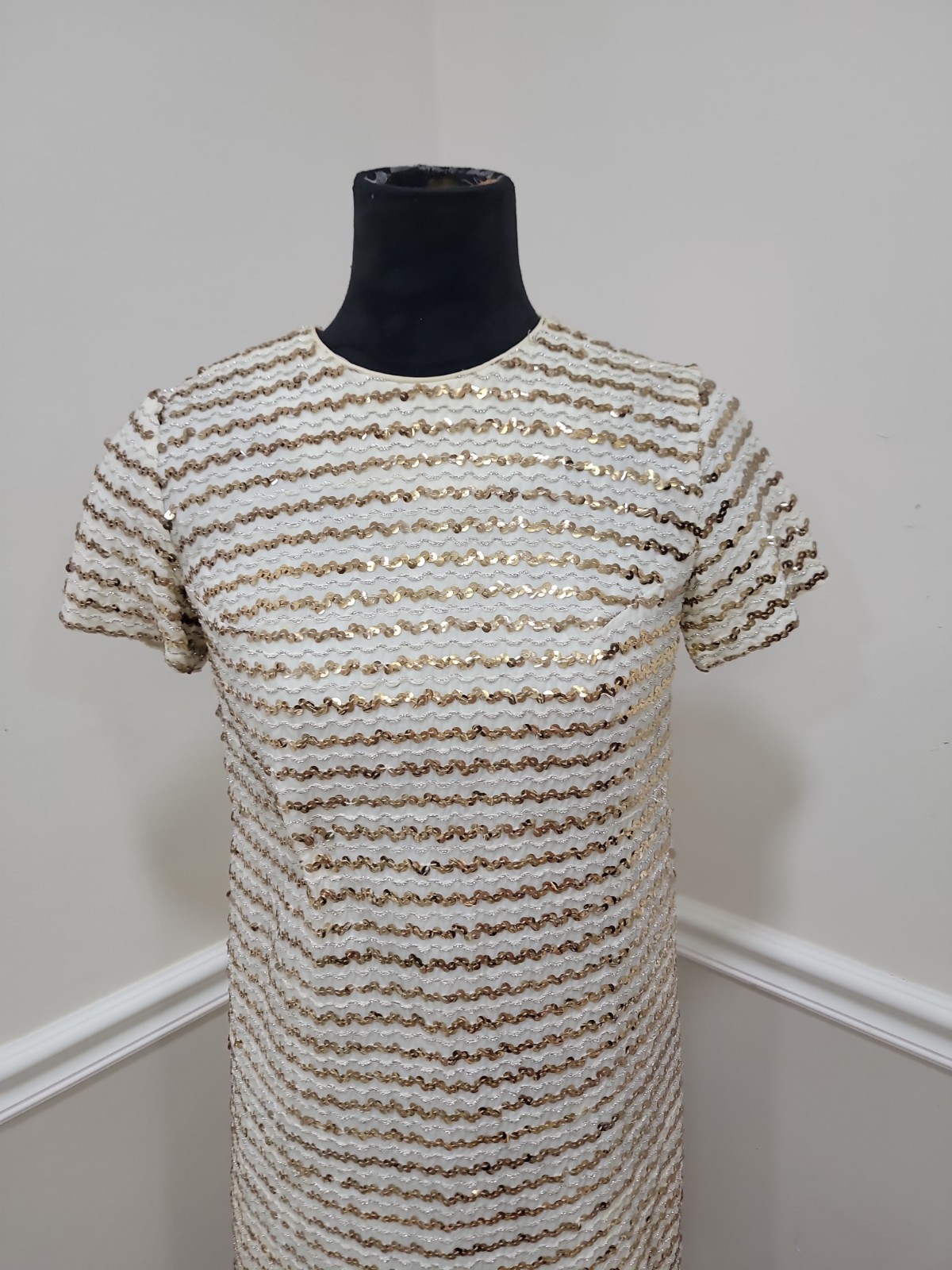 VTG Jr Theme Ivory Gold Sequin Shift Dress Mod Cocktail Party Mini Sz
