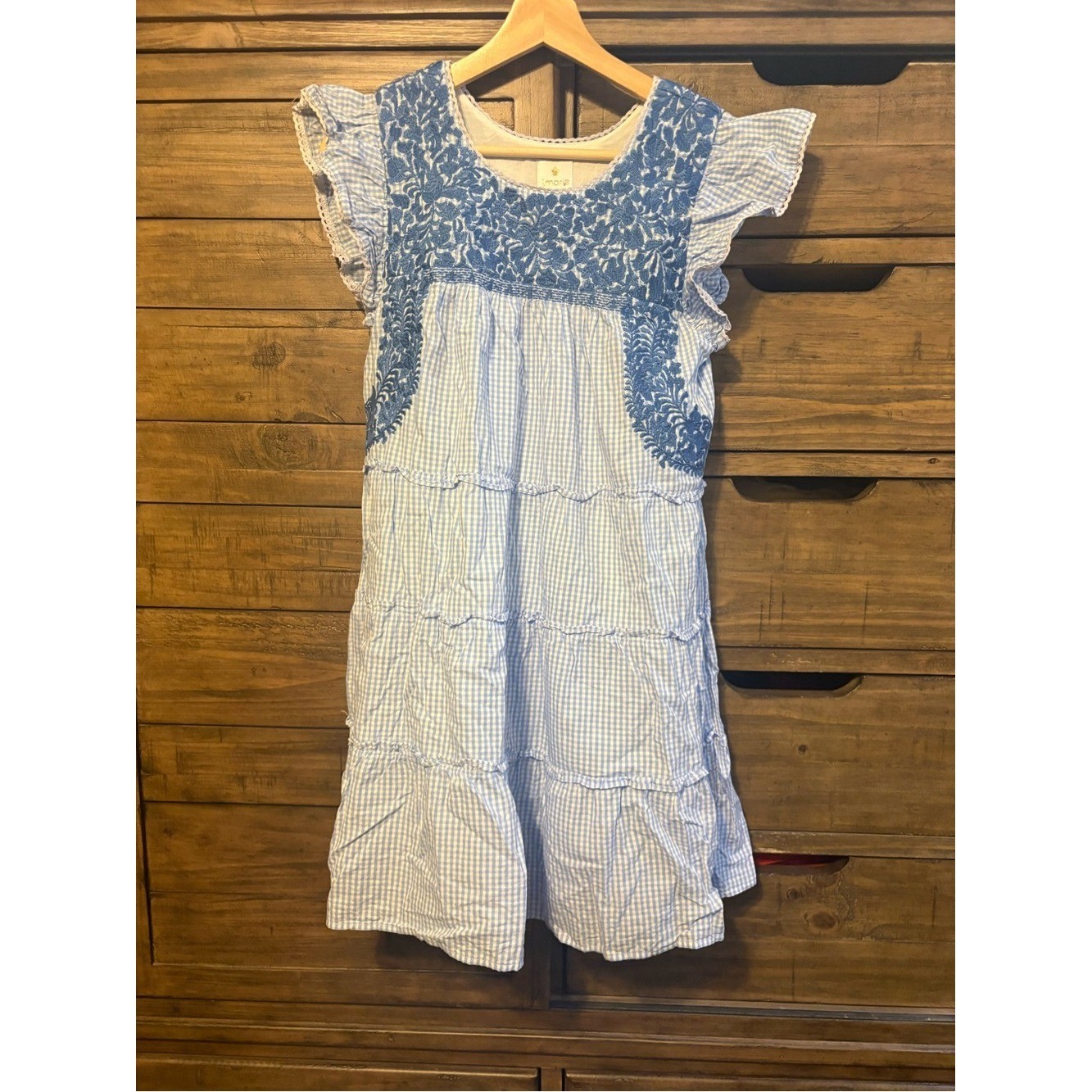 J. Marie Blue Gingham Embroidered Tiered Mini Dress XS Cottagecore Boho Cotton