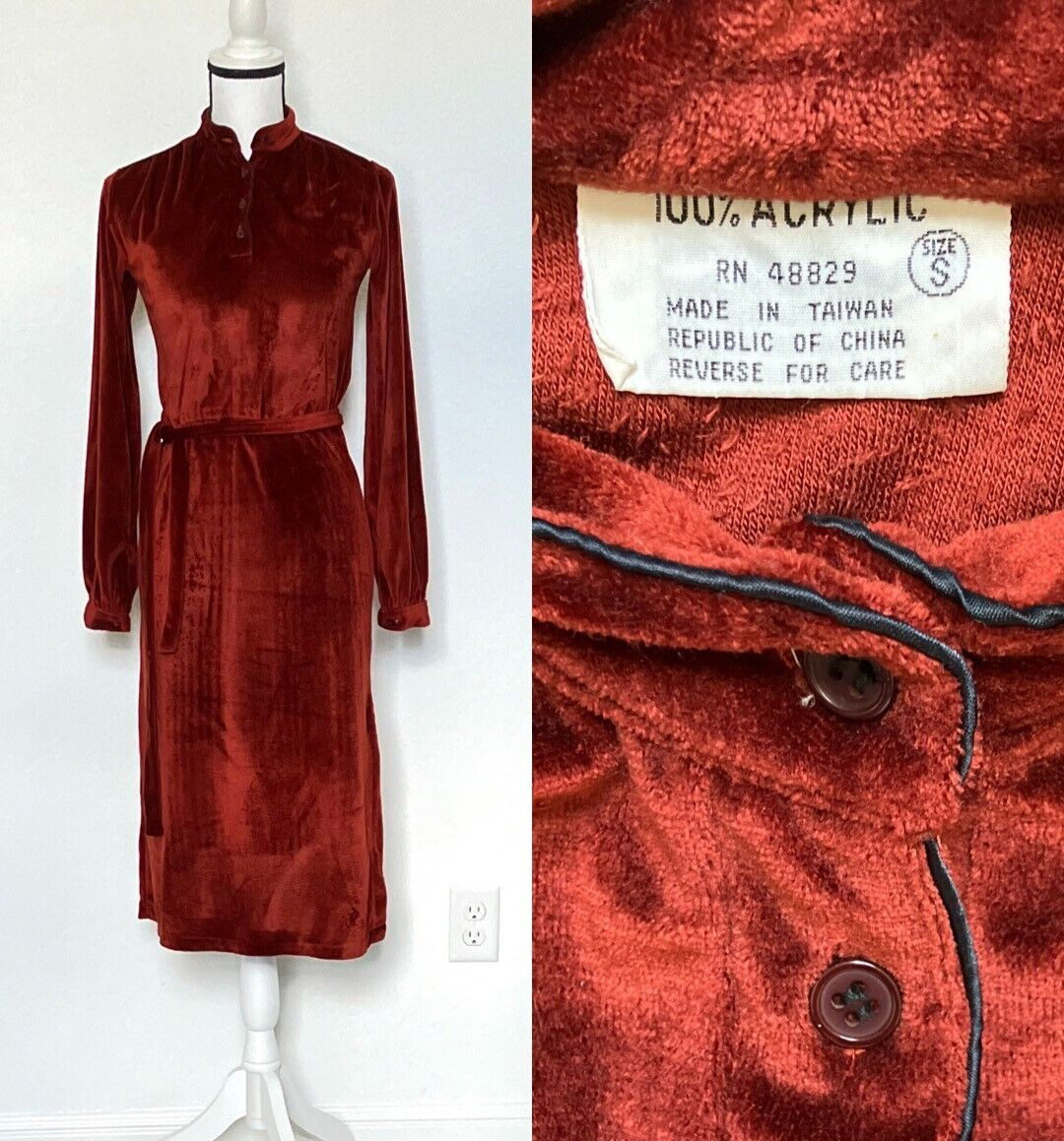 1970s Copper Velour Belted Dress, Vtg Rust Orange Dress with Belt