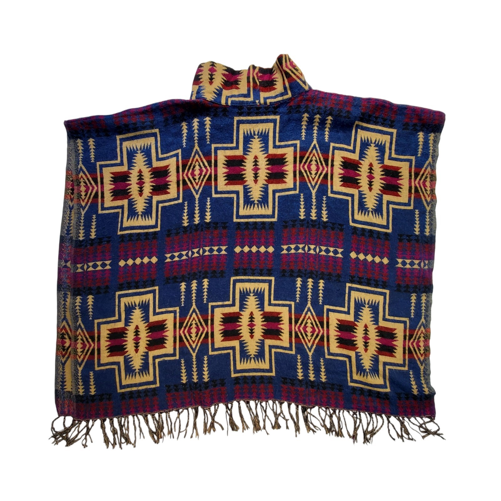 Jackpot Southwestern Poncho Shawl Serape Fringe Wool Blend Native American Vtg