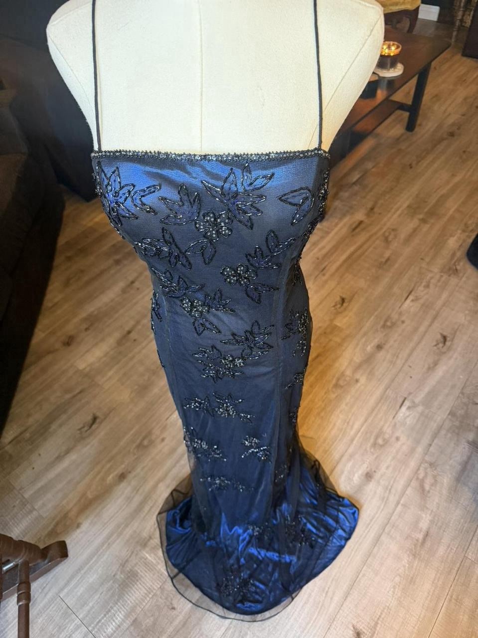 Vintage Black Beaded Mesh Overlay Evening Gown | Metallic Blue | Y2K Formal