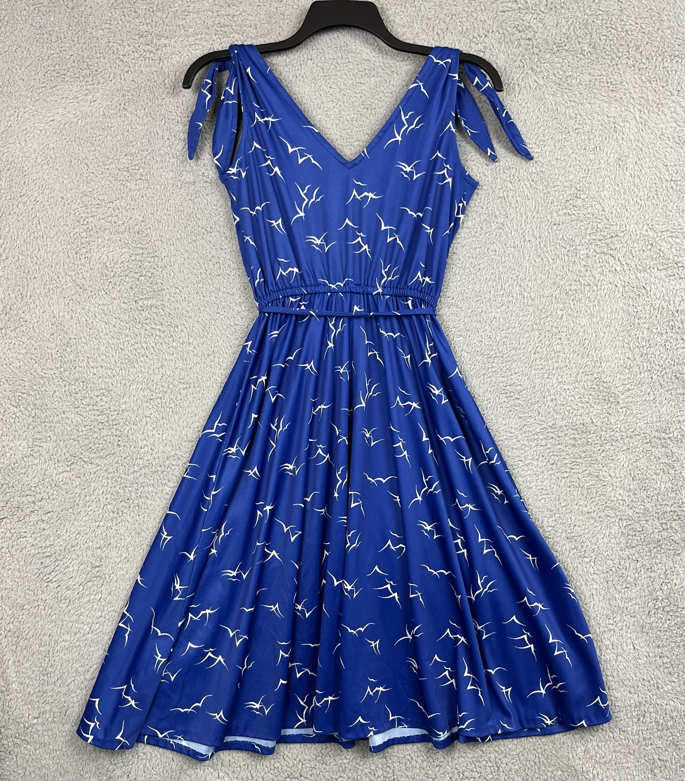 Vintage 70s Dress Womens Small Blue Seaside Seagulls All Over Print Tie Shoulder
