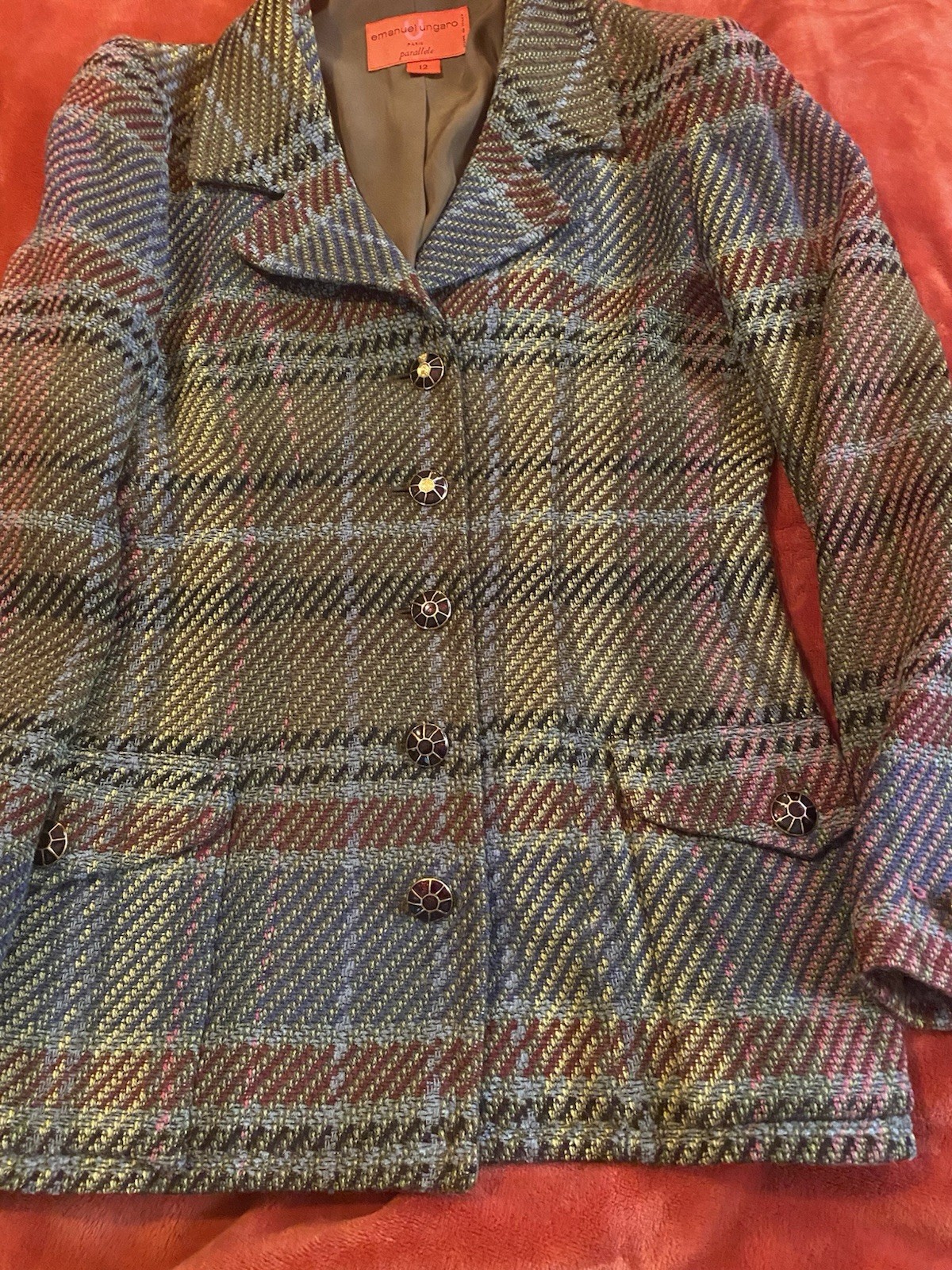 Vintage Emanuel Ungaro Paris Paralleled tweed plaid blazer jacket Sz 12 M Y2k