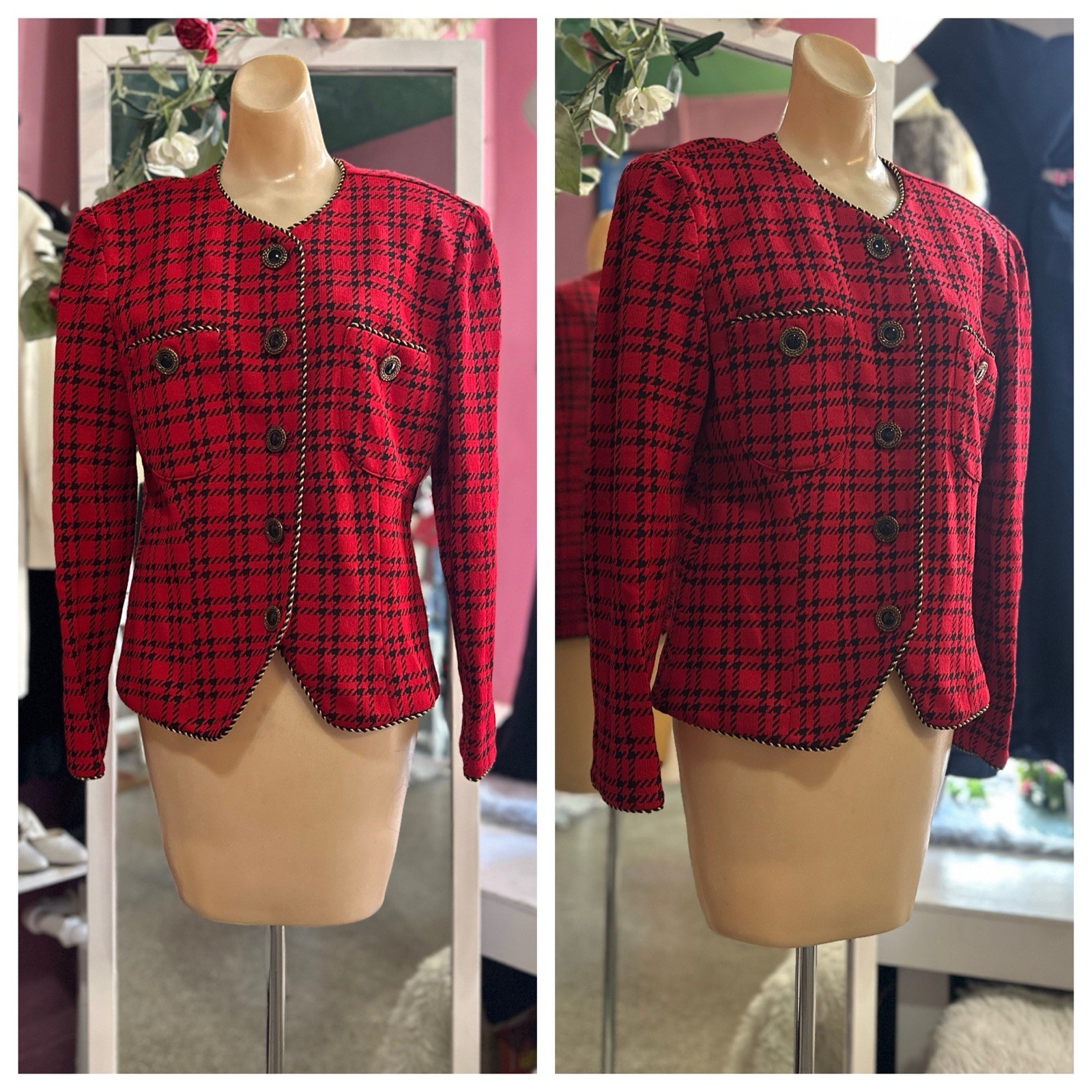 Vintage 80s Red Black Houndstooth Blazer Structured New Wave Holiday Diana M