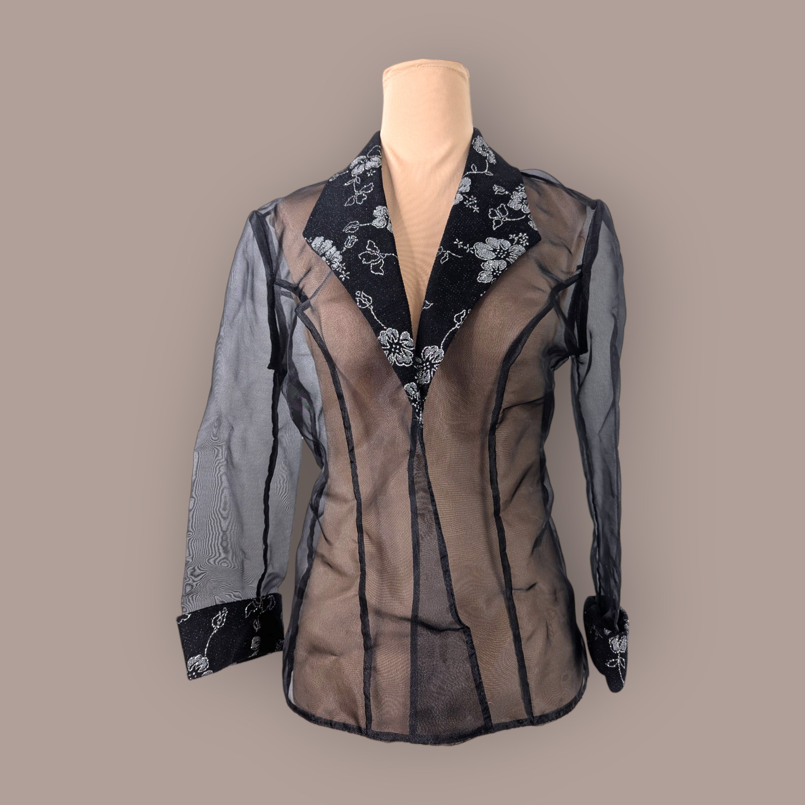 Alex Evenings Sheer Black Floral Jacket Silver floral print Size Small