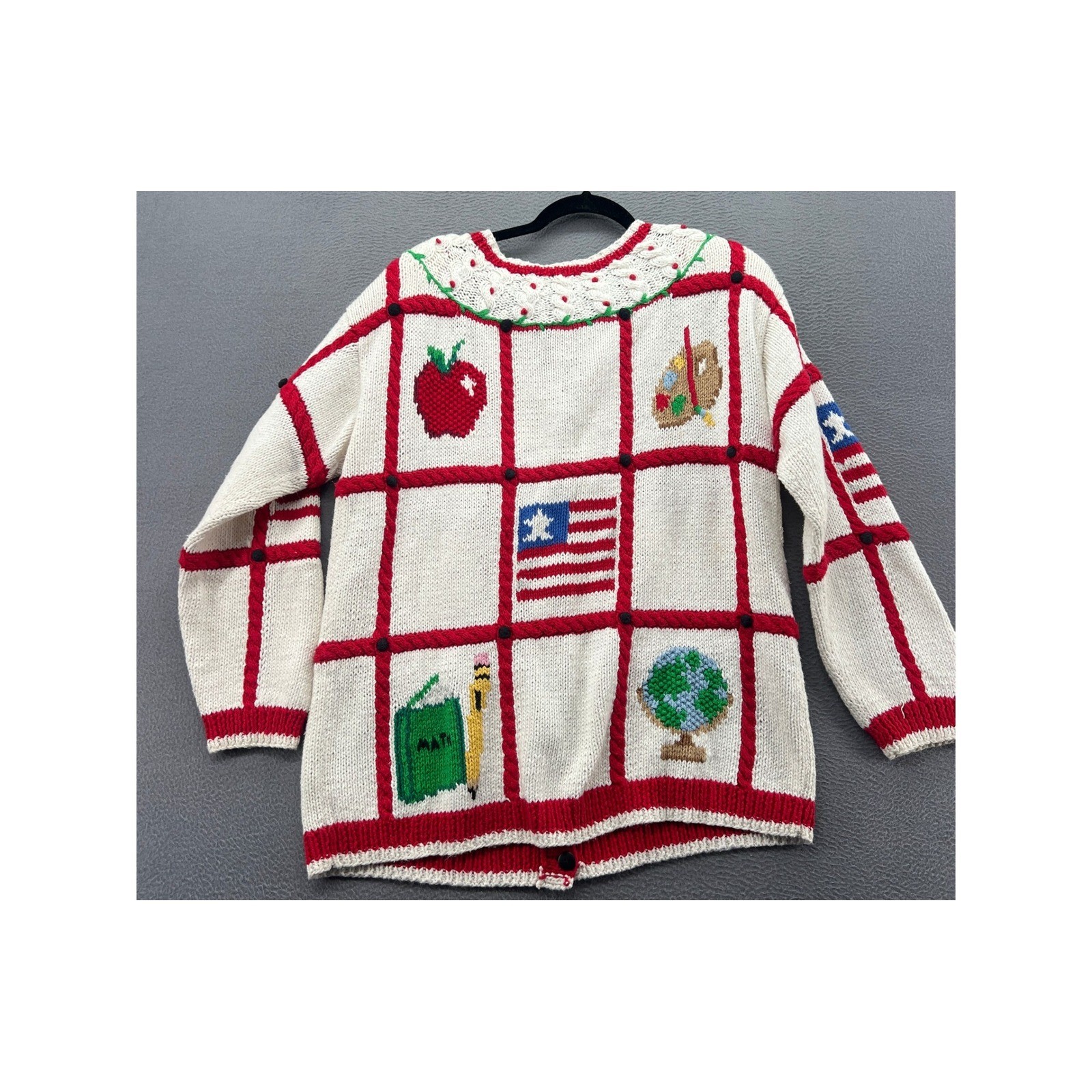 Vintage The Eagle&rsquo;s Eye Hand Knit Teacher School Cardigan Sweater Cream Red 1993