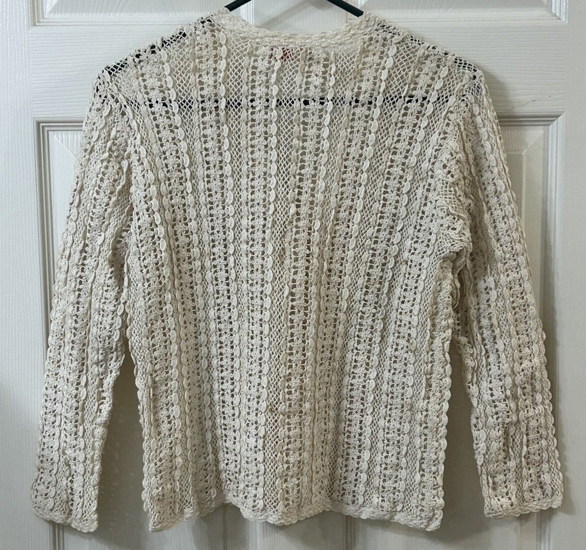 Vintage Shanghai Handmade Cotton Crocheted Cardigan Sweater Wmns LG Ecru *READ*