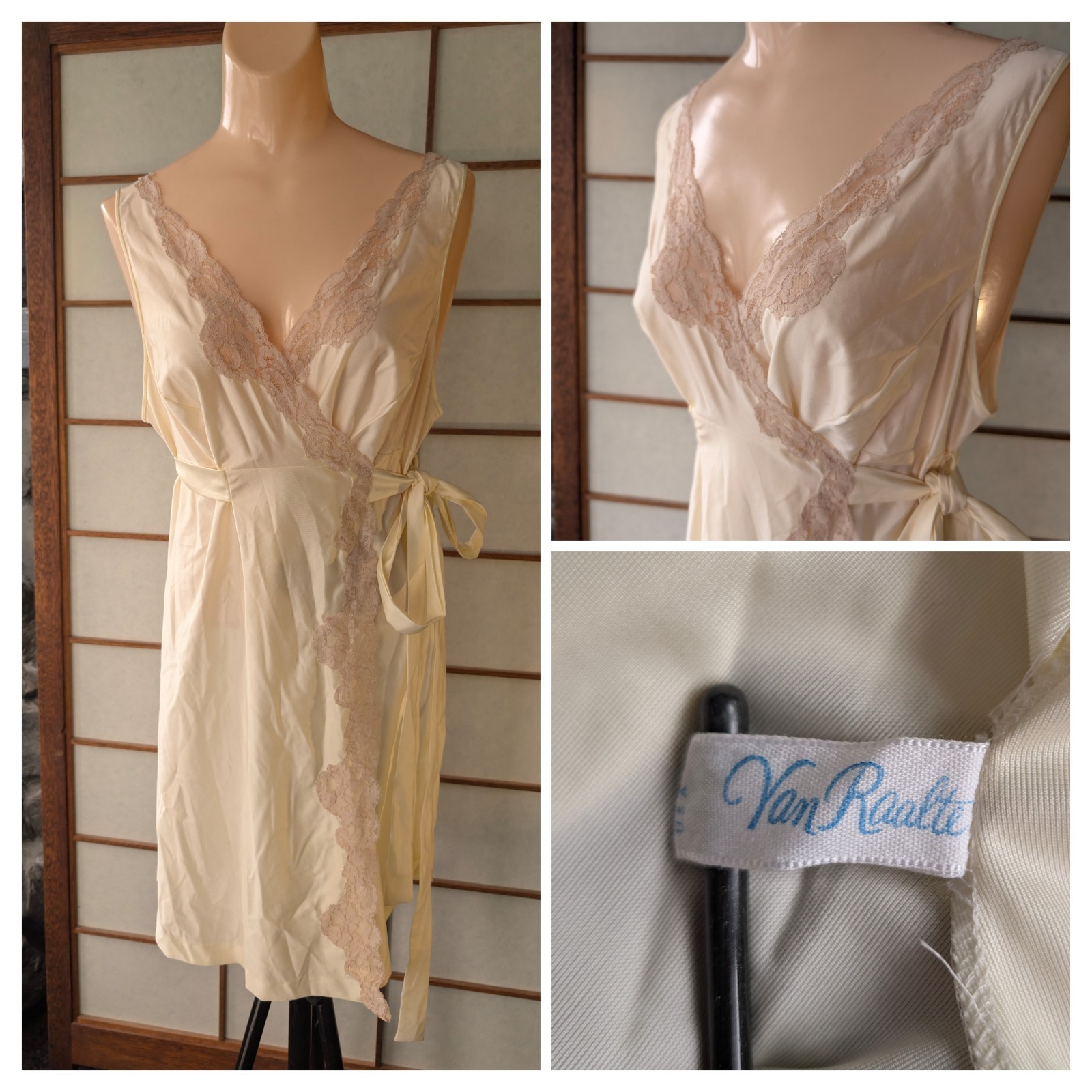 Vtg Van Raalte Wrap Chemise Lingerie Nightgown Negligee Butter Yellow 60s 70s M