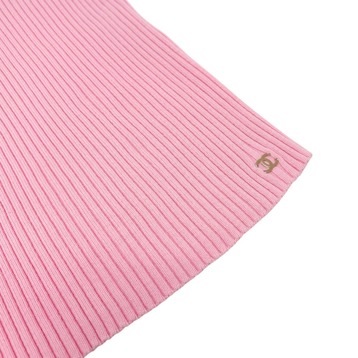 CHANEL Vintage 01C CC Logo Knit Rib Tank Top #42 Gold Rings Pink Cotton