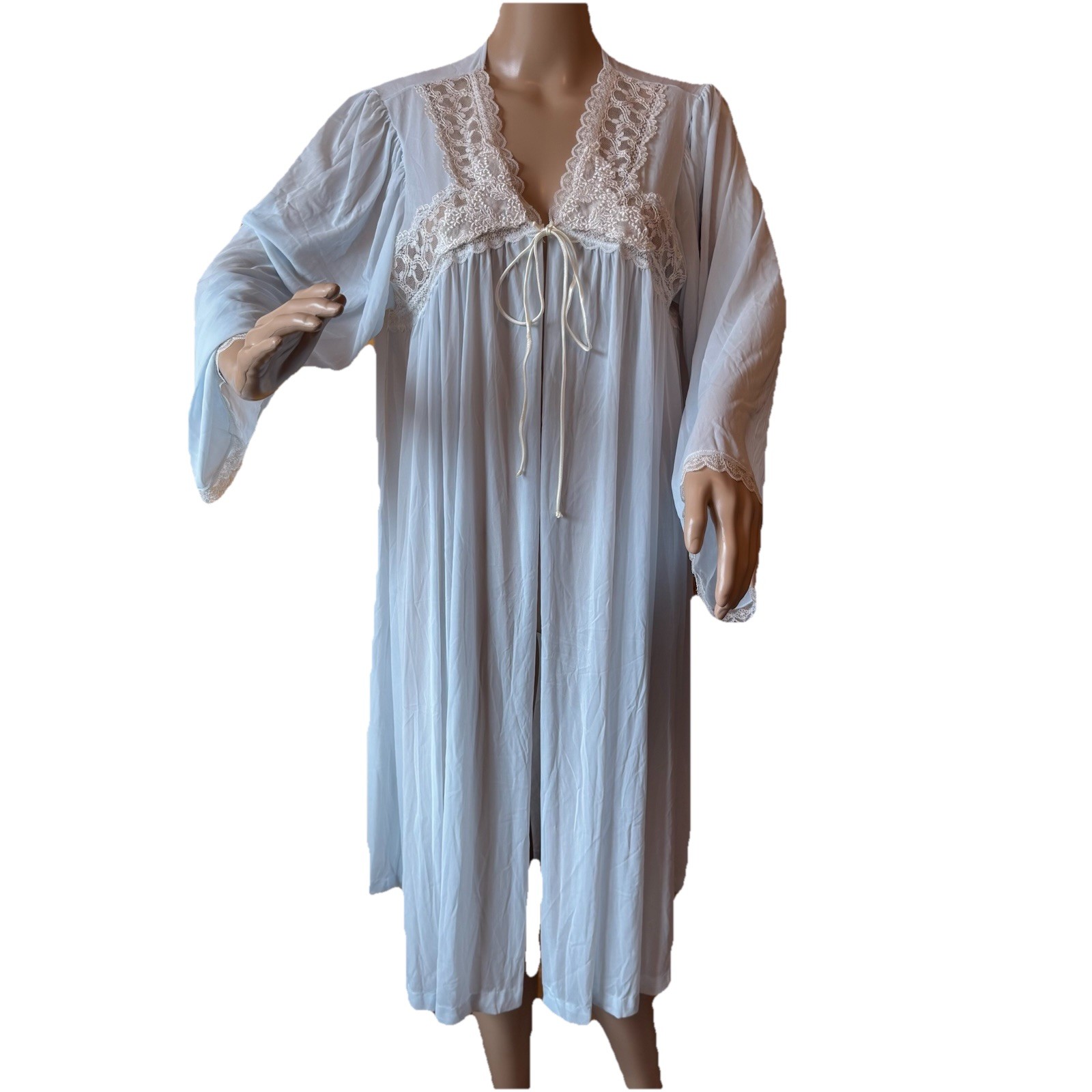 Vintage 70s Miss Elaine Peignoir Robe Size L 100% Nylon Blue White Lace