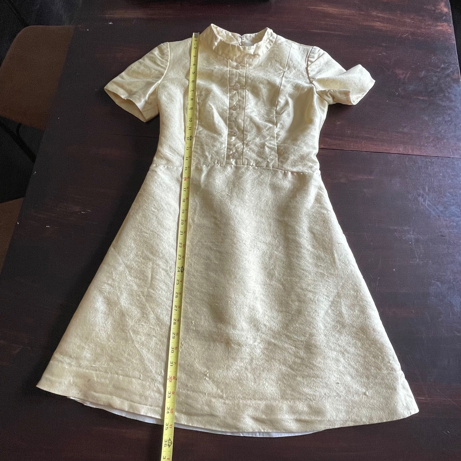 Vintage 60s Maxime of California Yellow Shantung Shift Dress Rhinestone Button