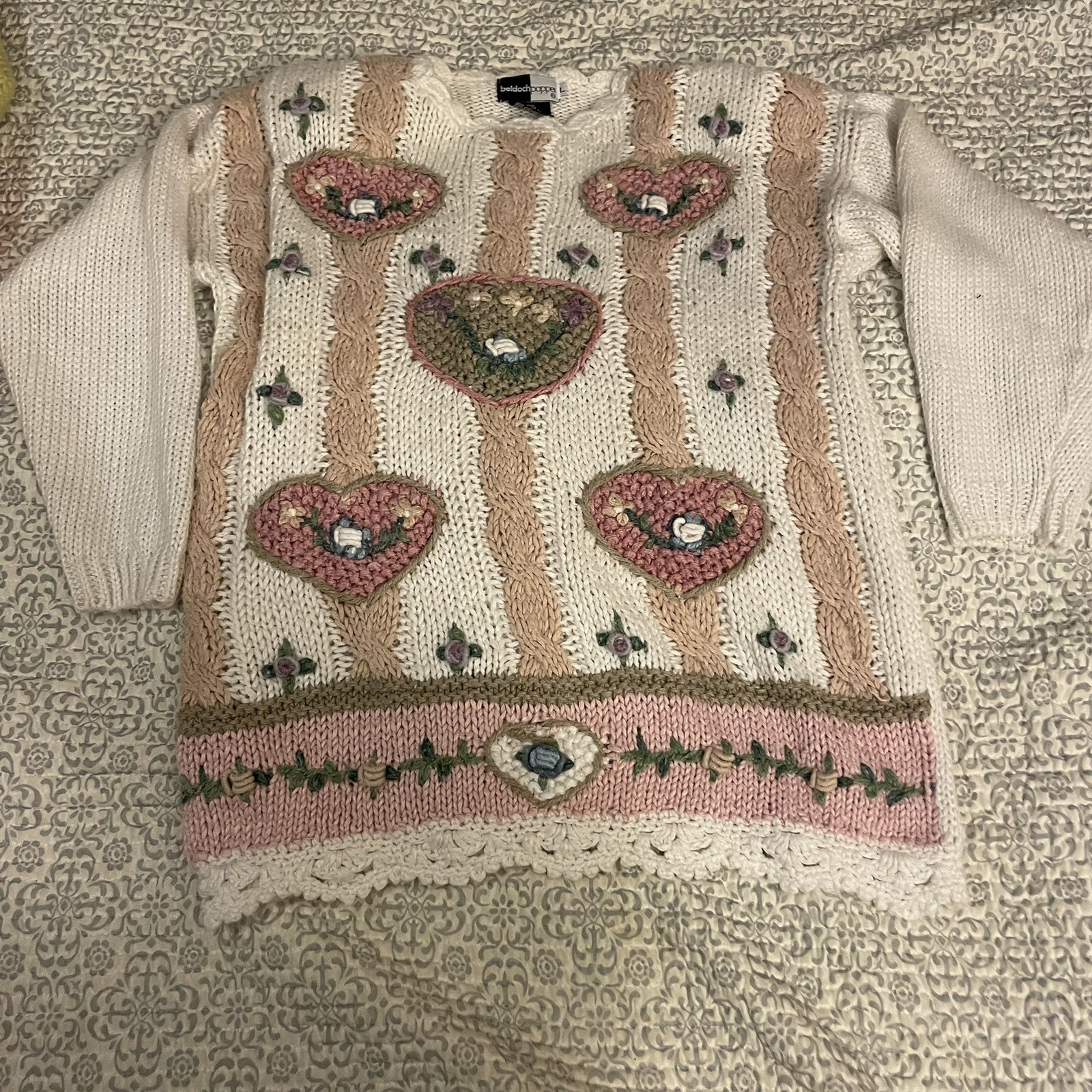 Vtg 90s Beldoch Popper Ivory Pink Hearts Floral Stripes Lace Knit Sweater