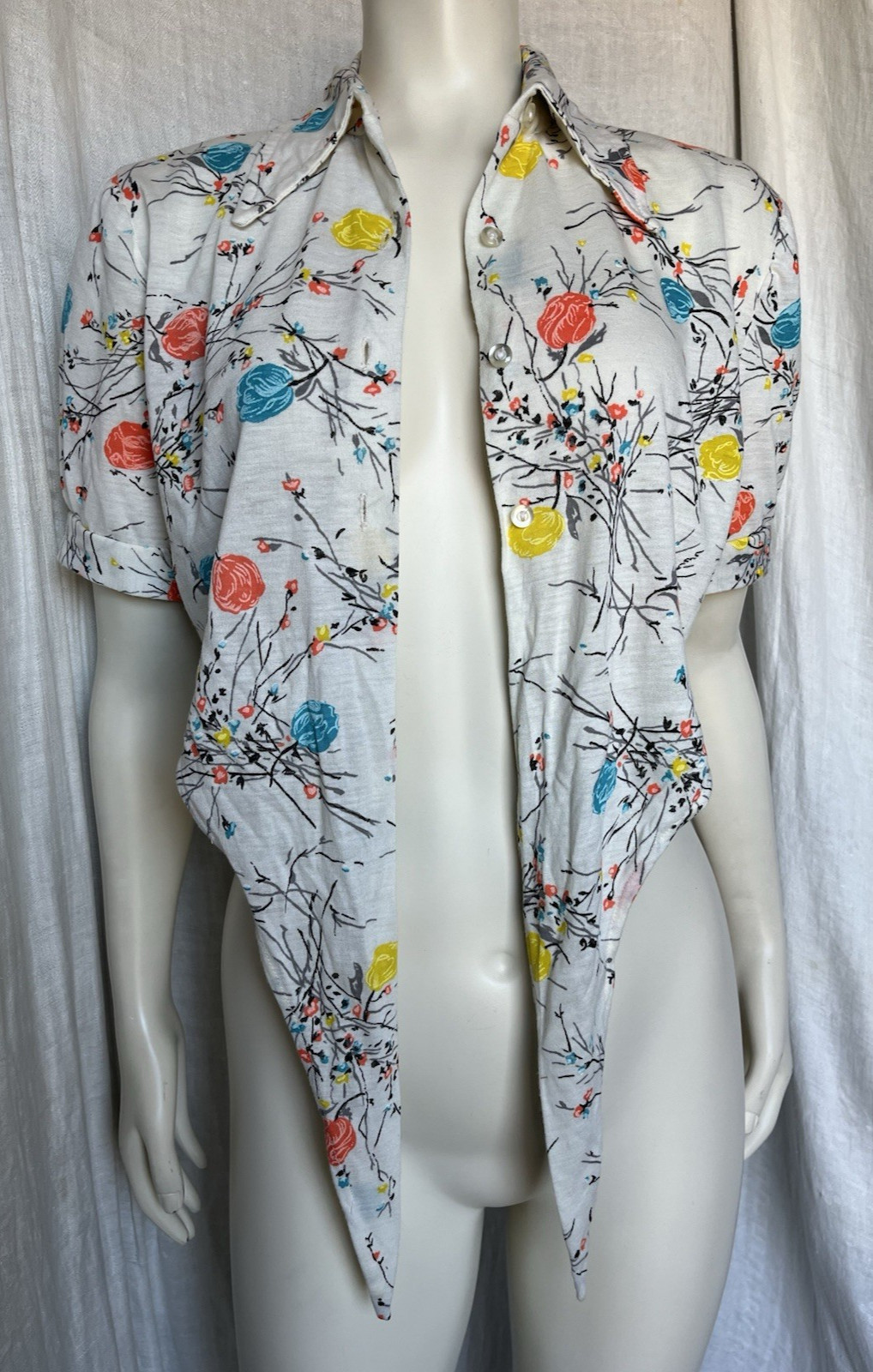 Vintage 70s Floral Crop Tie Blouse Summer Prairie Blooms Hippie Boho Cottage S/M
