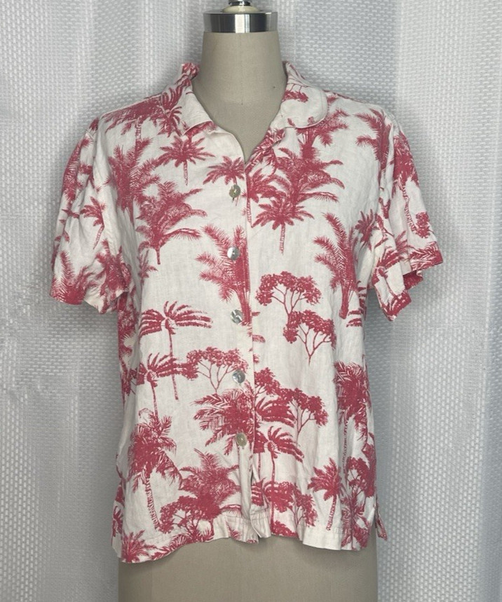 JAMAICA BAY WOMEN&rsquo;S BUTTON UP SHIRT COLLARED SHORT SLEEVE WHITE LINEN LARGE