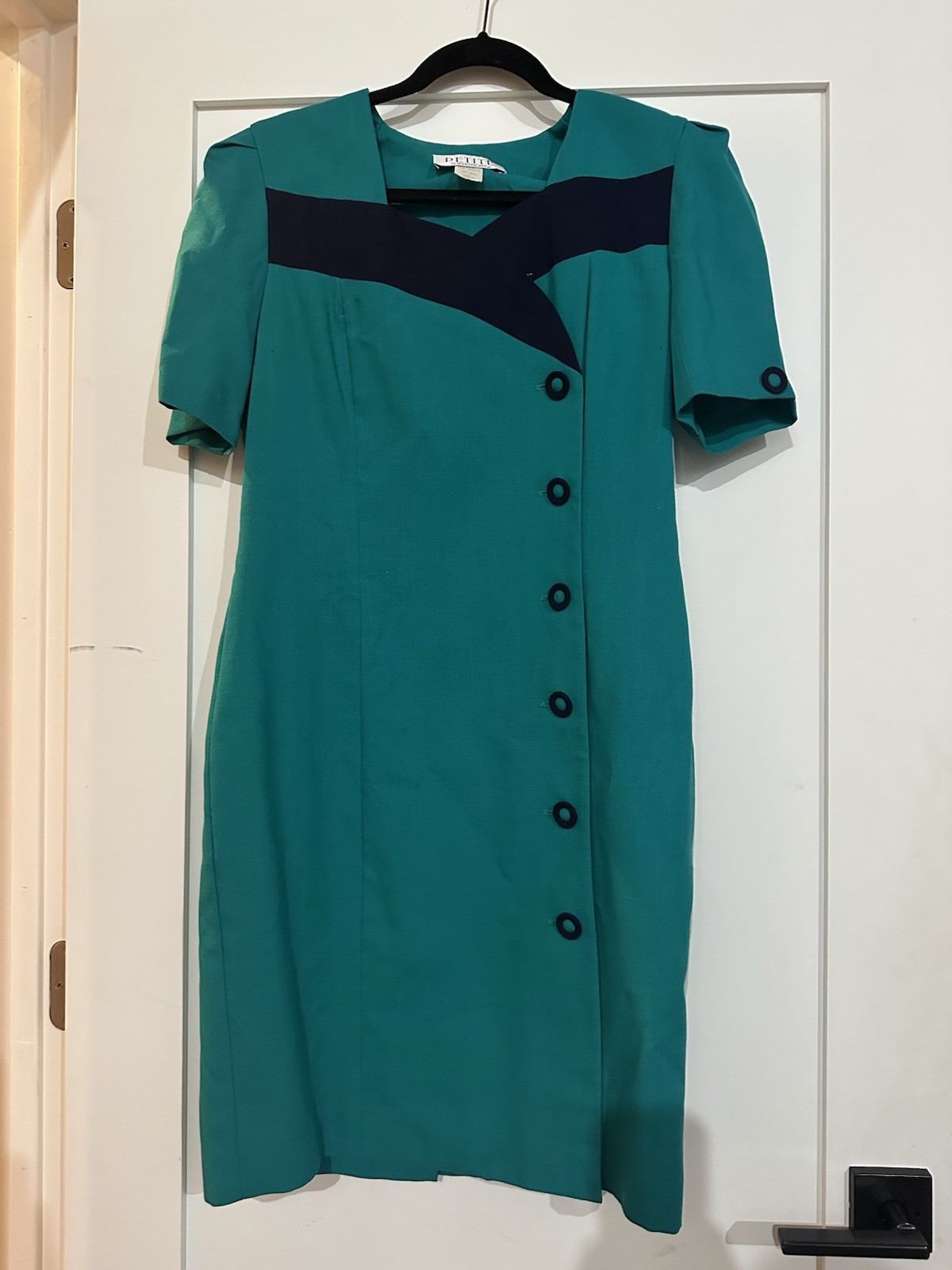 Vintage 1980s Petite Sophisticate Teal and Navy Midi Dress Made in USA