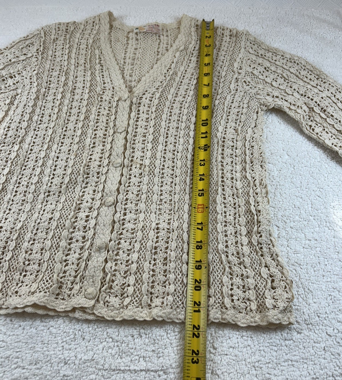 Vintage Shanghai Handmade Cotton Crocheted Cardigan Sweater Wmns LG Ecru *READ*