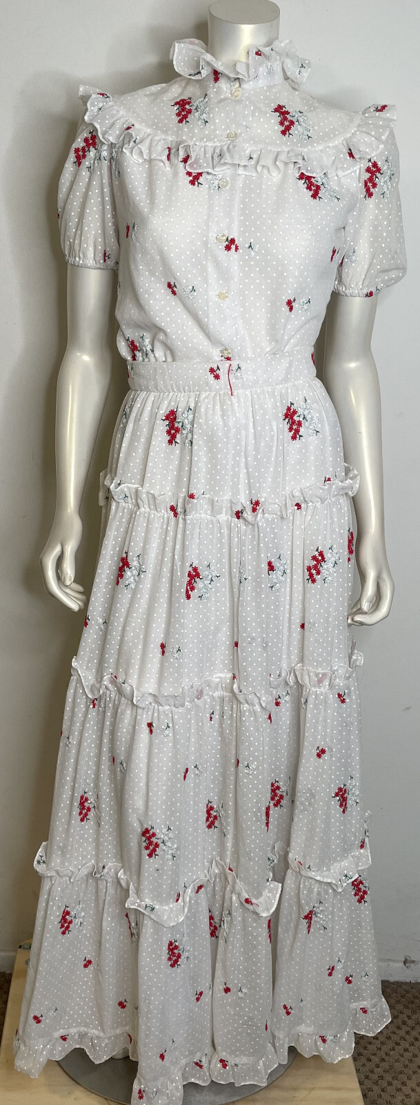 VTG Albert Capraro Dress XS S 4 6 2 Pc Skirt Top Romantic Emb Floral Swiss Dot