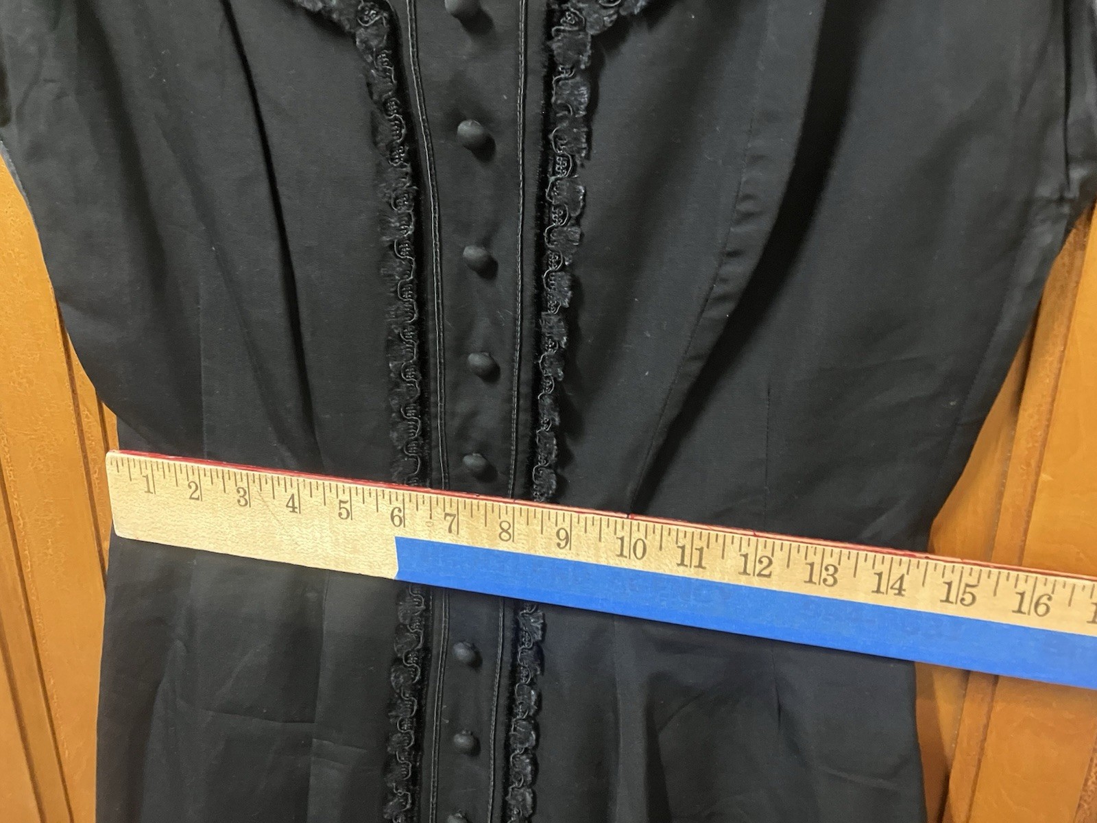 Vtg Beautiful Handmade Black Tailored Dress Covered Buttons Lace 50’s