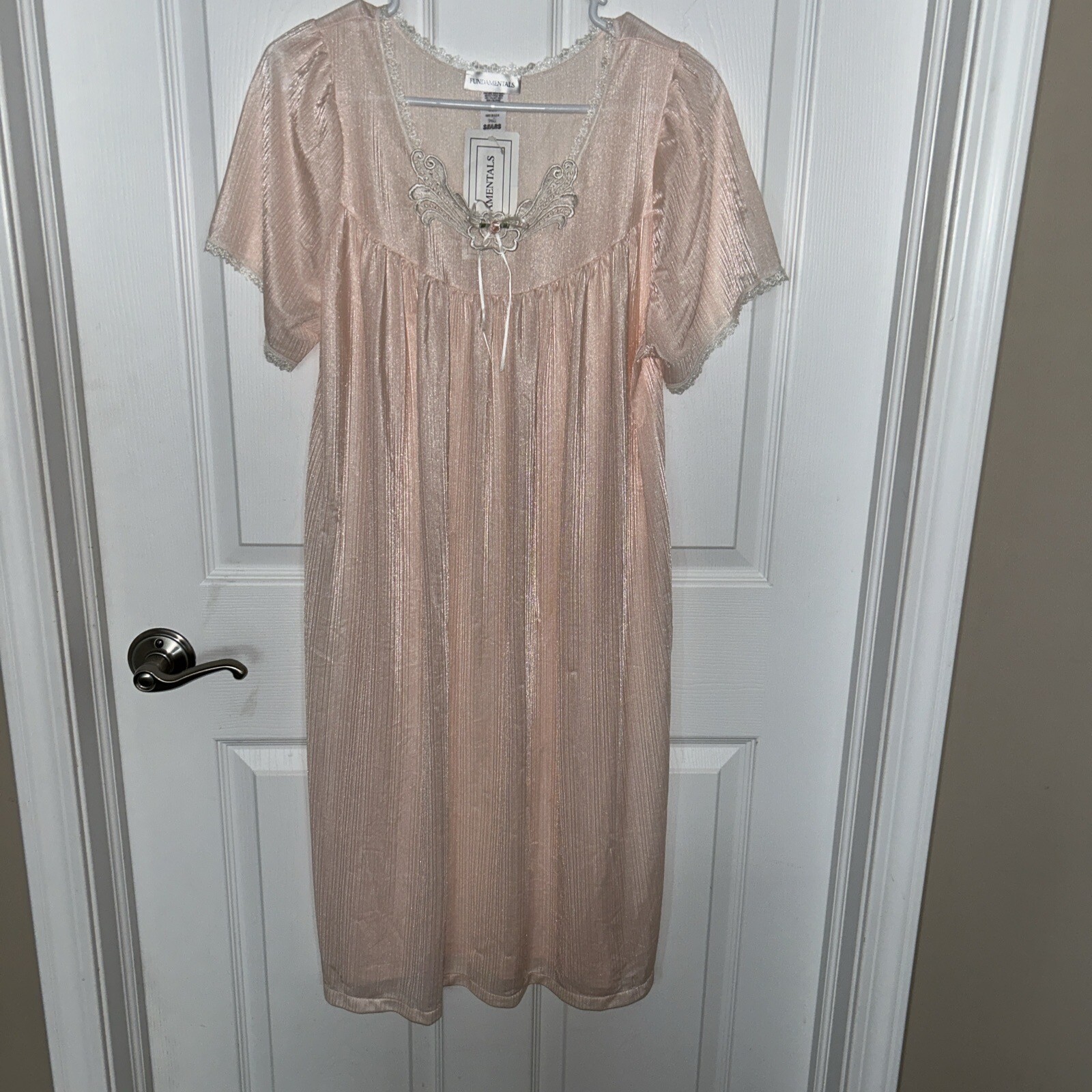 Sears Small NEW Fundamentals Thin Nylon Light Peach Flower/Lace, Nightgown, NWT