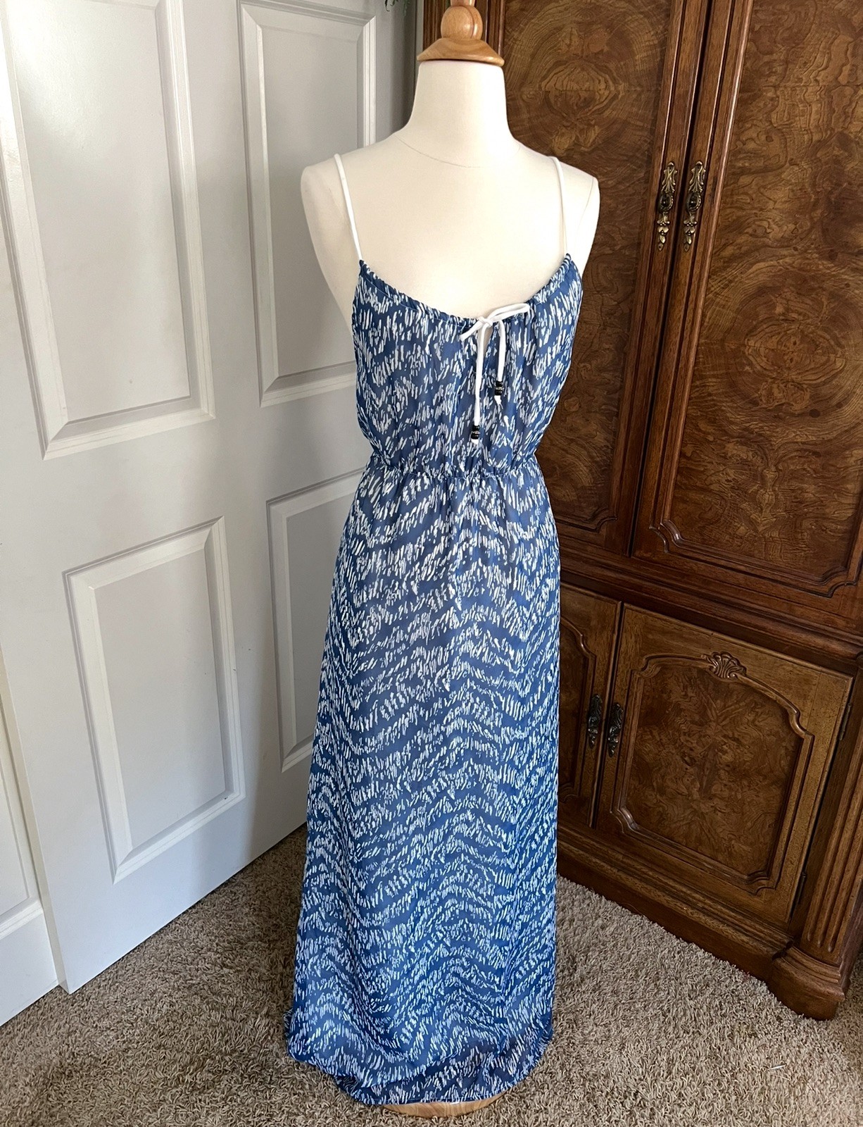Vtg Blue White Maxi Dress Cinched Waist Summer Beach Vacation Ready Sz L Sheer