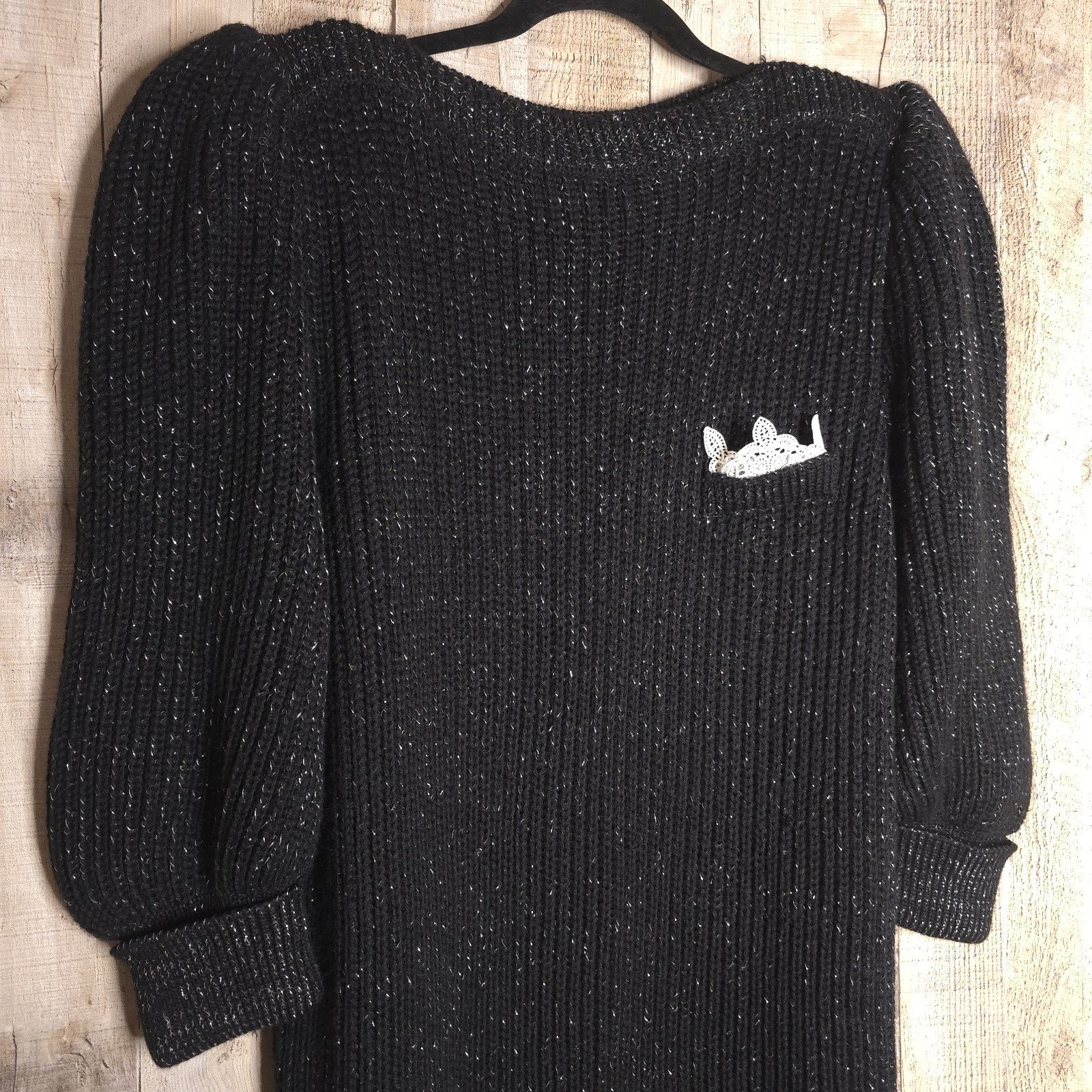 Vintage Nati Moden Sweater Dress Black Metallic Boat Neck Size 44/46 1980s Party