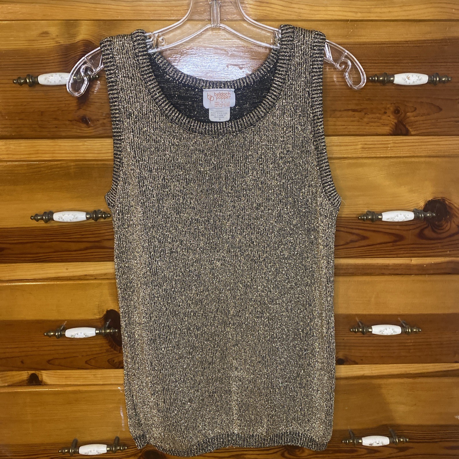 VTG Retro Beldoch Popper Sleeveless Metallic Gold Lured Sz M Knit Holiday Artsy