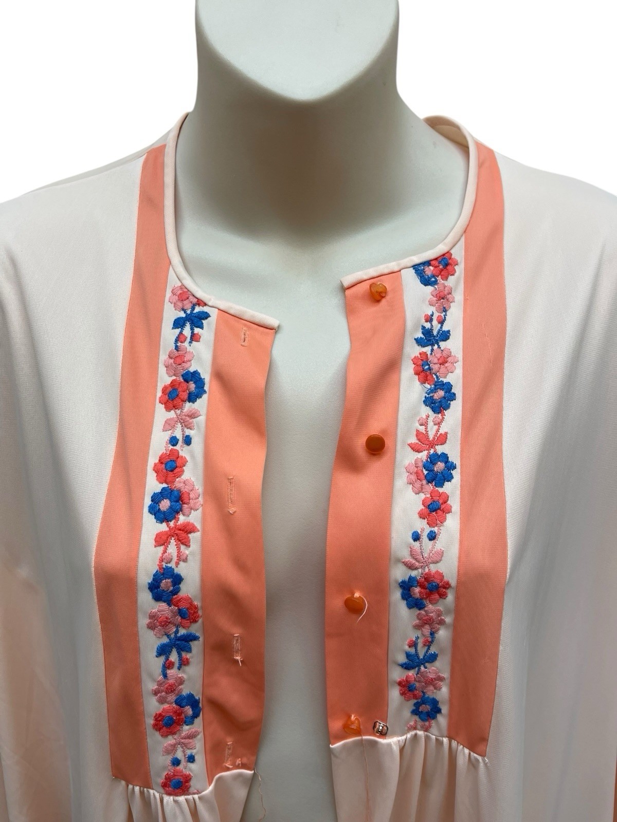 Vintage 70s 80s Lorraine Button Front Housecoat Robe Nightgown Large Peach Nylon