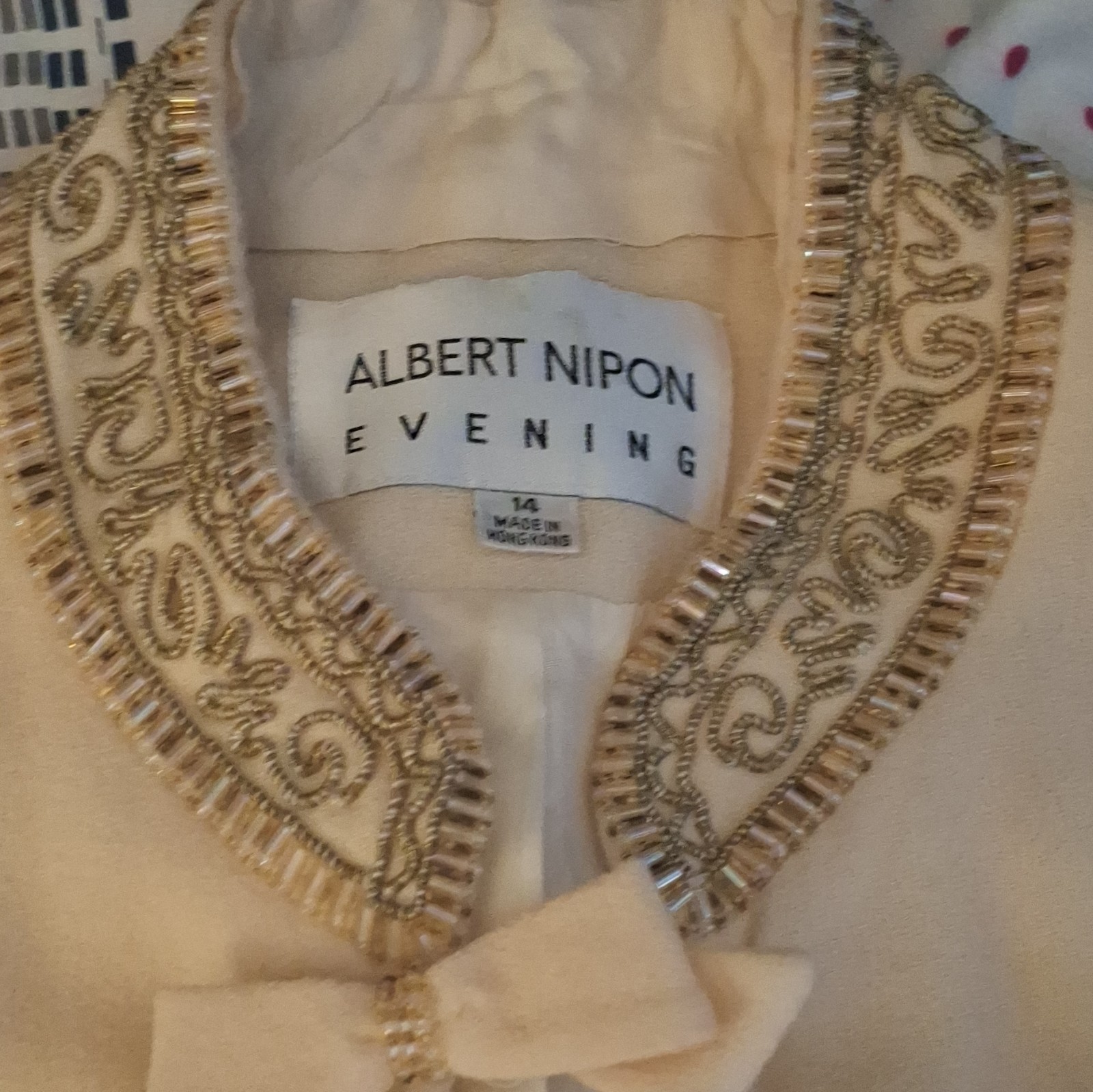 Albert Nipon Vintage Evening Wool Blazer Ivory Embellished Bow Size 14