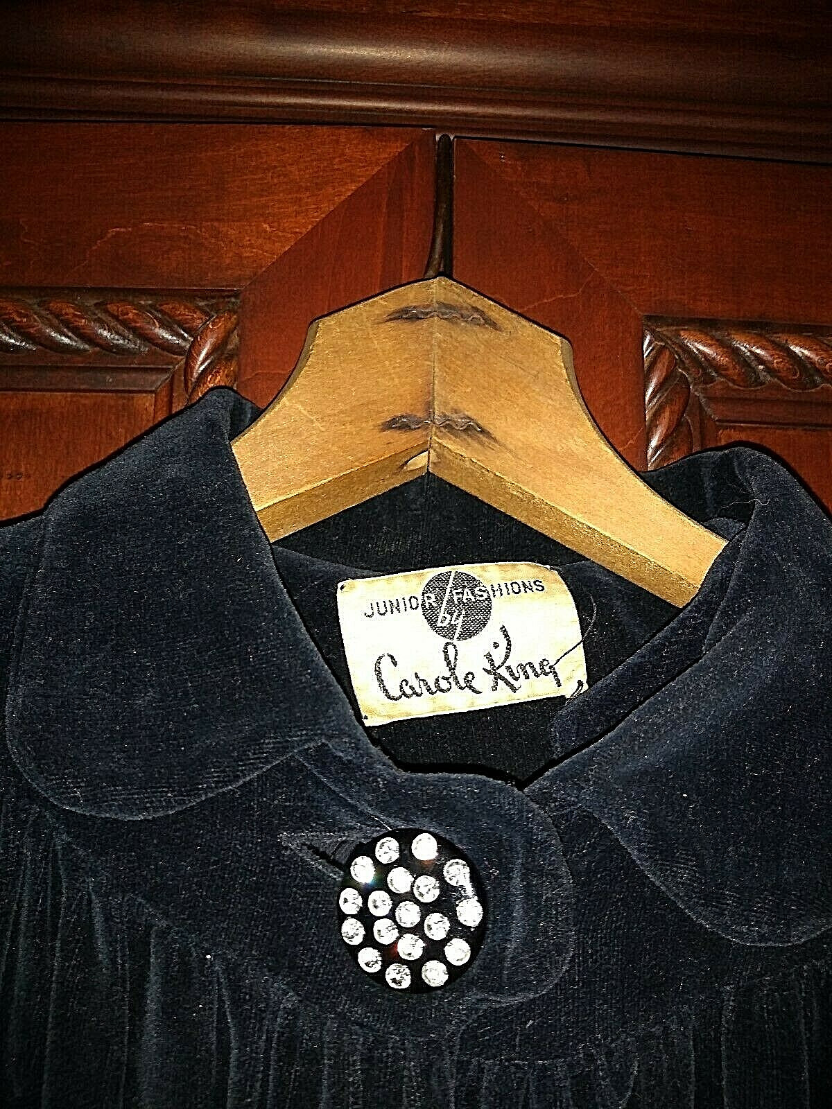 Vintage 50&rsquo;s Junior Carole King Black Velvet Belted Dress Rhinestones Size 10