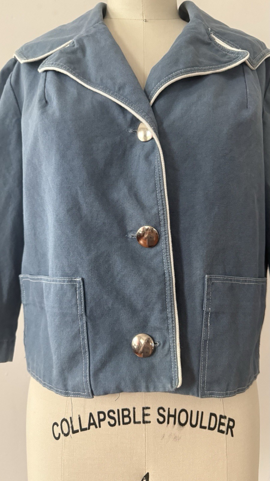 1950s Sailor Collar Cropped Jacket Dusty Blue Rayon Faille Nautical Sportswear