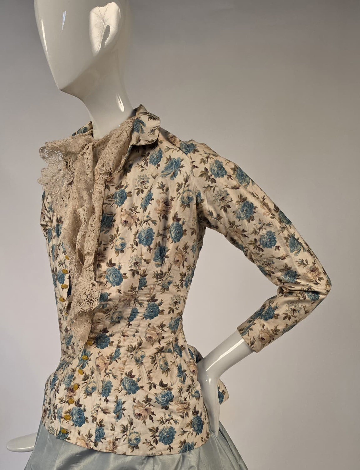 THE ULTIMATE VICTORIAN 1880’S PINK + BLUE ROSE PRINT BUSTLE JACKET XXS SIZE