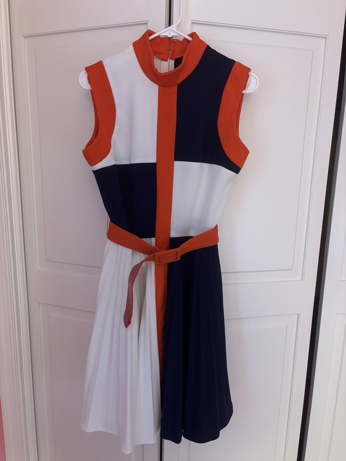 60s 70s Vintage Red White And Blue Block Pattern Sleeveless Pleated Dress