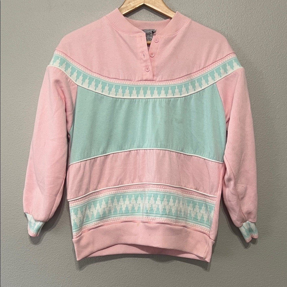 Vintage 80&rsquo;s Spice of Life Pastel Pink Mint Women&rsquo;s L Crew Neck Sweater Granny