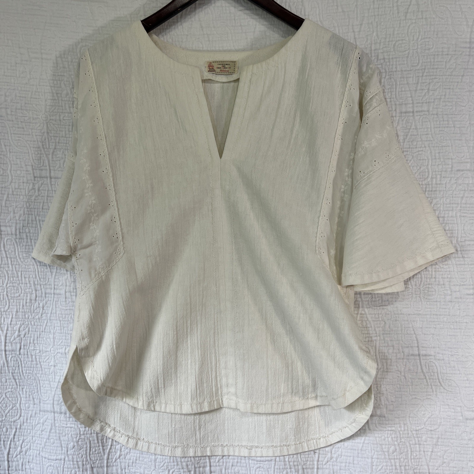 Vintage Fashioned And Handmade By Madelyne Cream Peasant Blouse Flutter Sleeve M