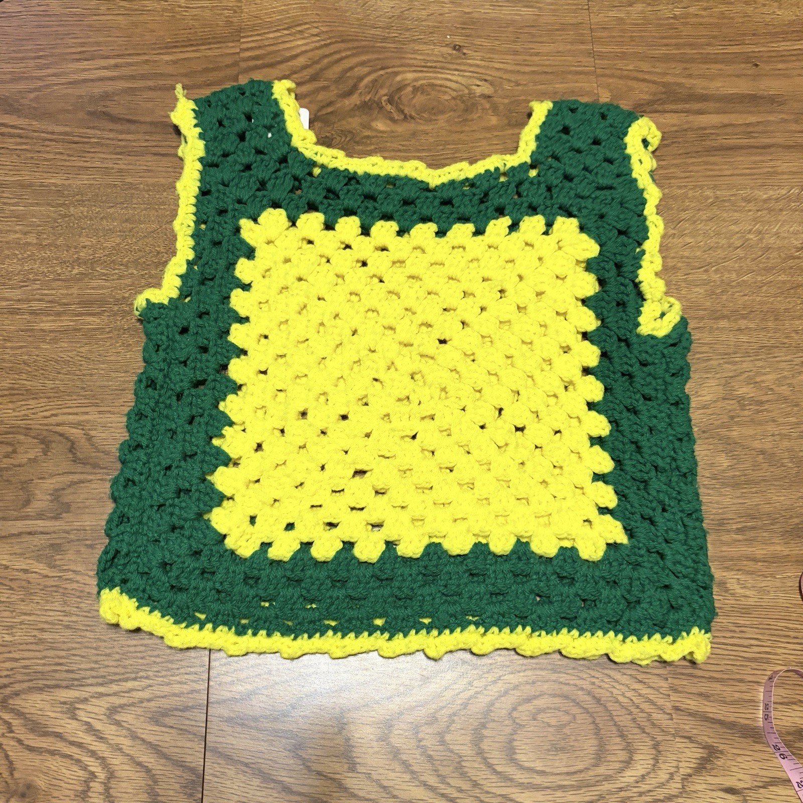 Authentically True Vintage 70s Handmade Green And Yellow Crochet Tank Top Size S