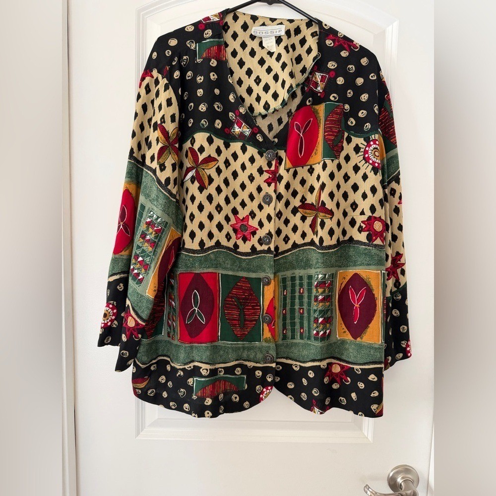 Patch Work Artsy Chic Box&rsquo;s Shape Vintage GOSSIP 22W Button-Up Blouse