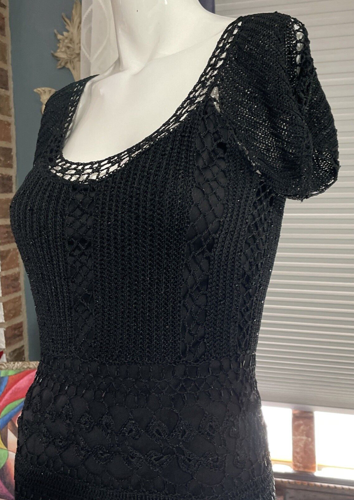 Gorgeous Vintage CACHÉ Black Beaded Crochet Knit Midi Dress XS/S/M