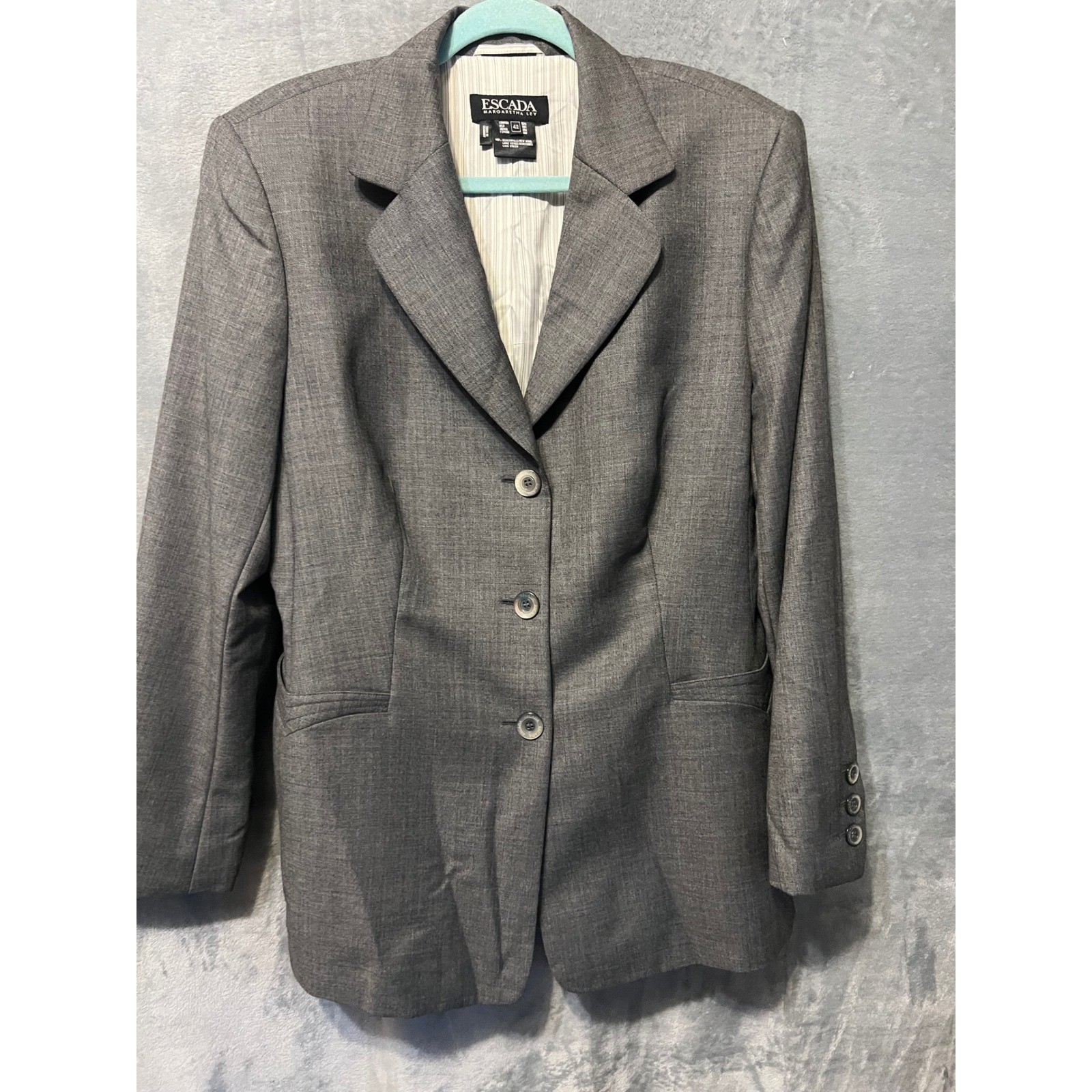 Escada Margaretha Ley Gray Wool Skirt Suit 42 Career Blazer Set Vintage Mint
