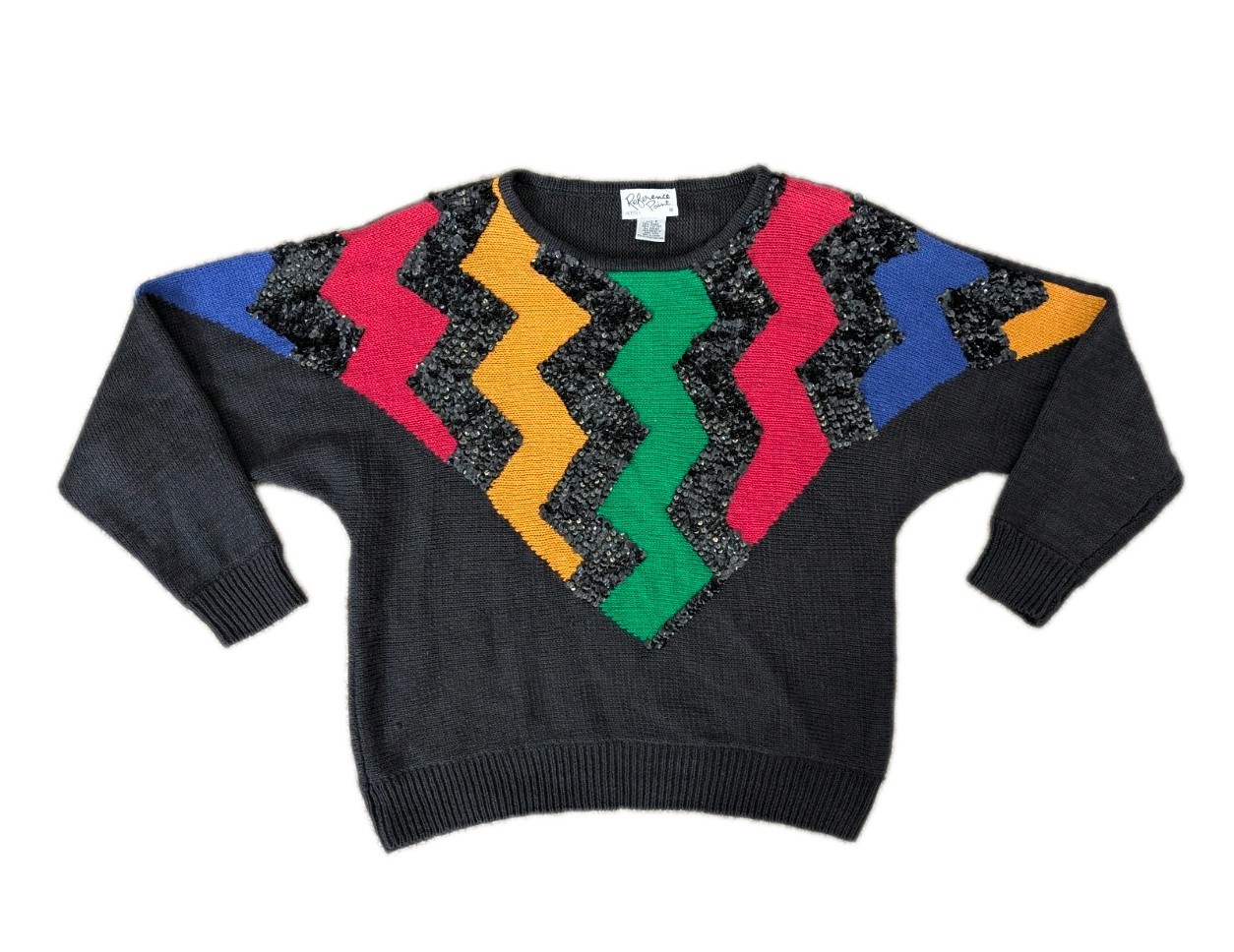Vintage 80s Reference Point Sweater W/ Sequins & Multicolor Zigzag Stripe Size M