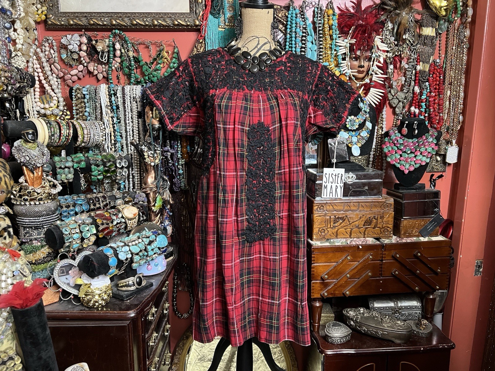 Beautiful Sister Mary Oaxaca Red & Black Plaid Black Embroidery & Crochet ML