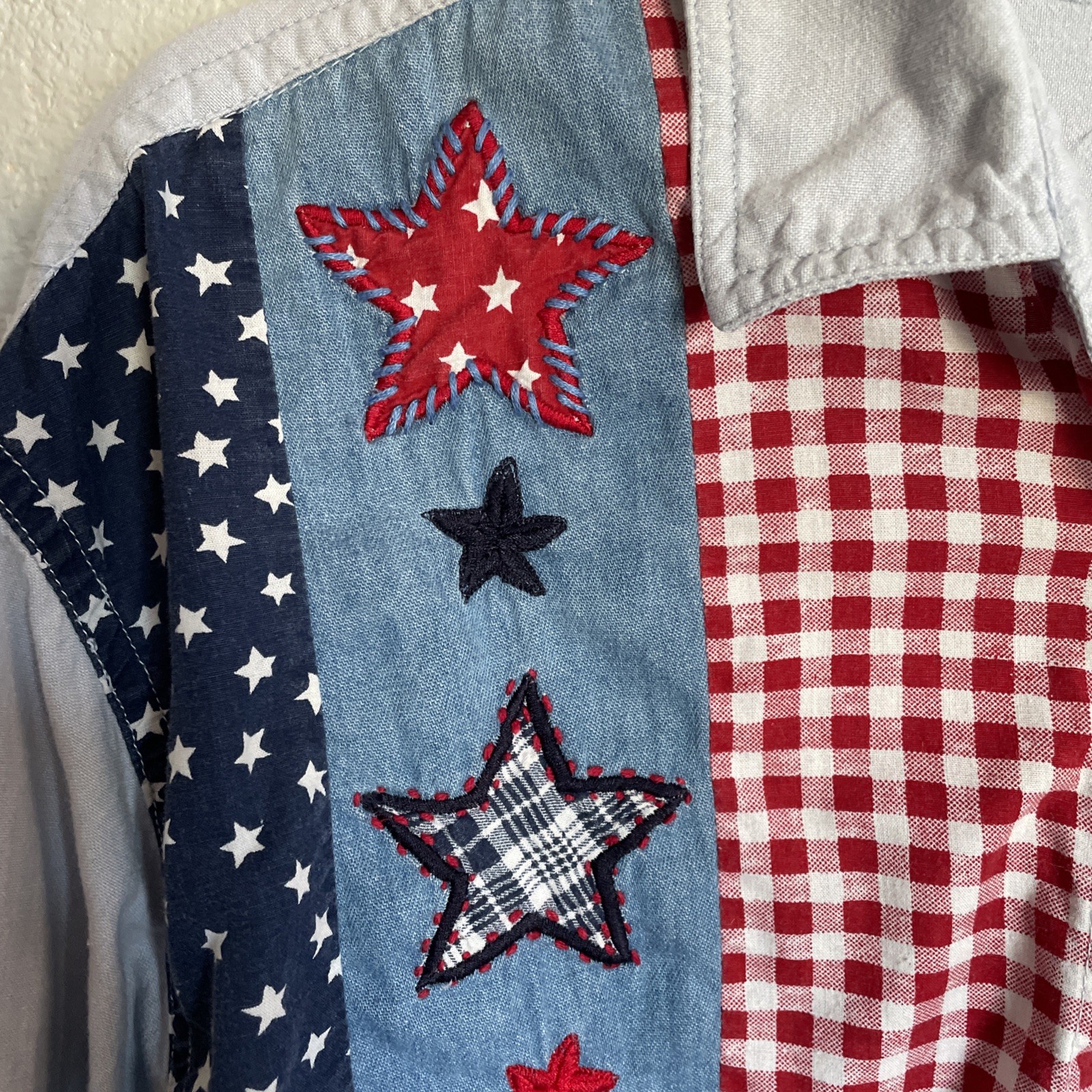 Vintage Denim Chambray Patriotic Patchwork Button Down Large