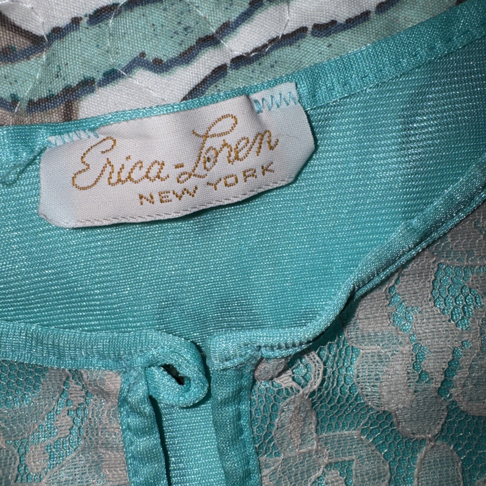 ERICA LOREN Vtg 1970s NYLON Pajama Set AQUA Blue Lace Trim SMALL Boho