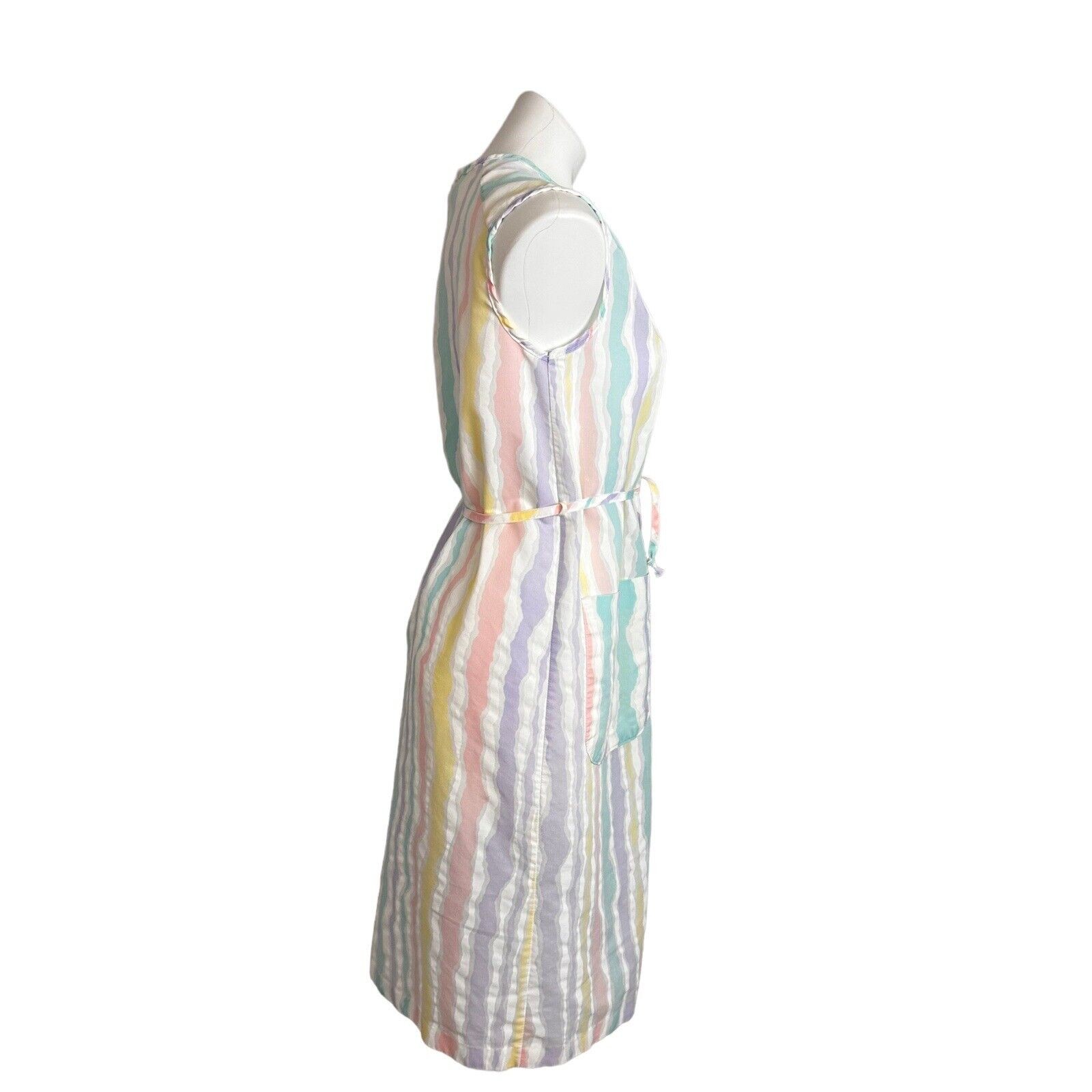 Smart Time House Coat Day Dress Multicolor Striped Half Zip Front Belt Vtg Sz S